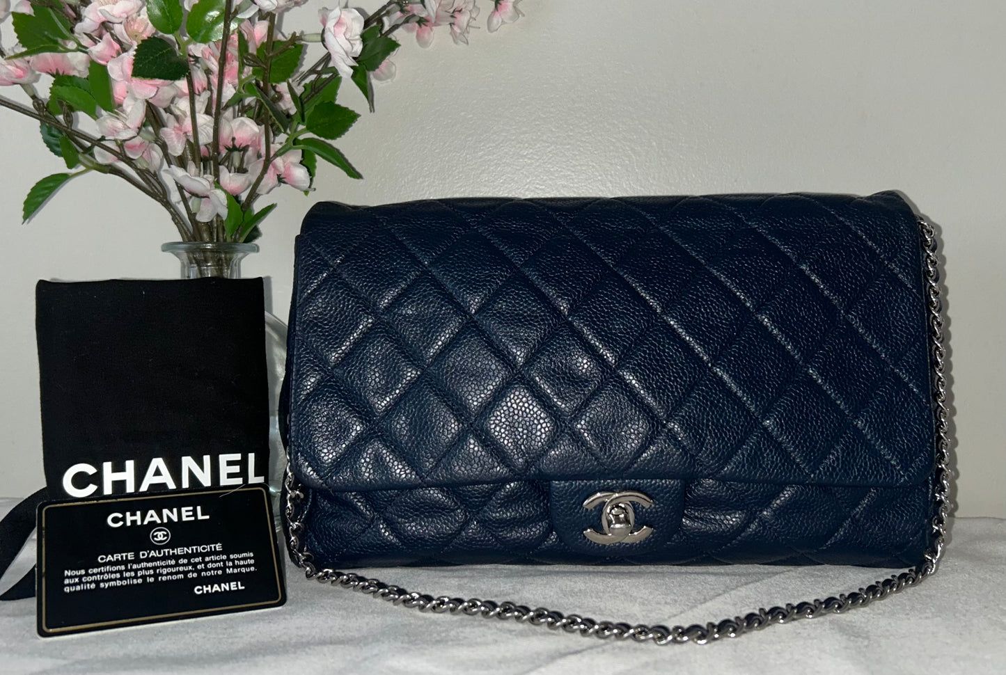 CHANEL CC Classic Quilted Soft Caviar Leather Single Flap Shoulder Navy