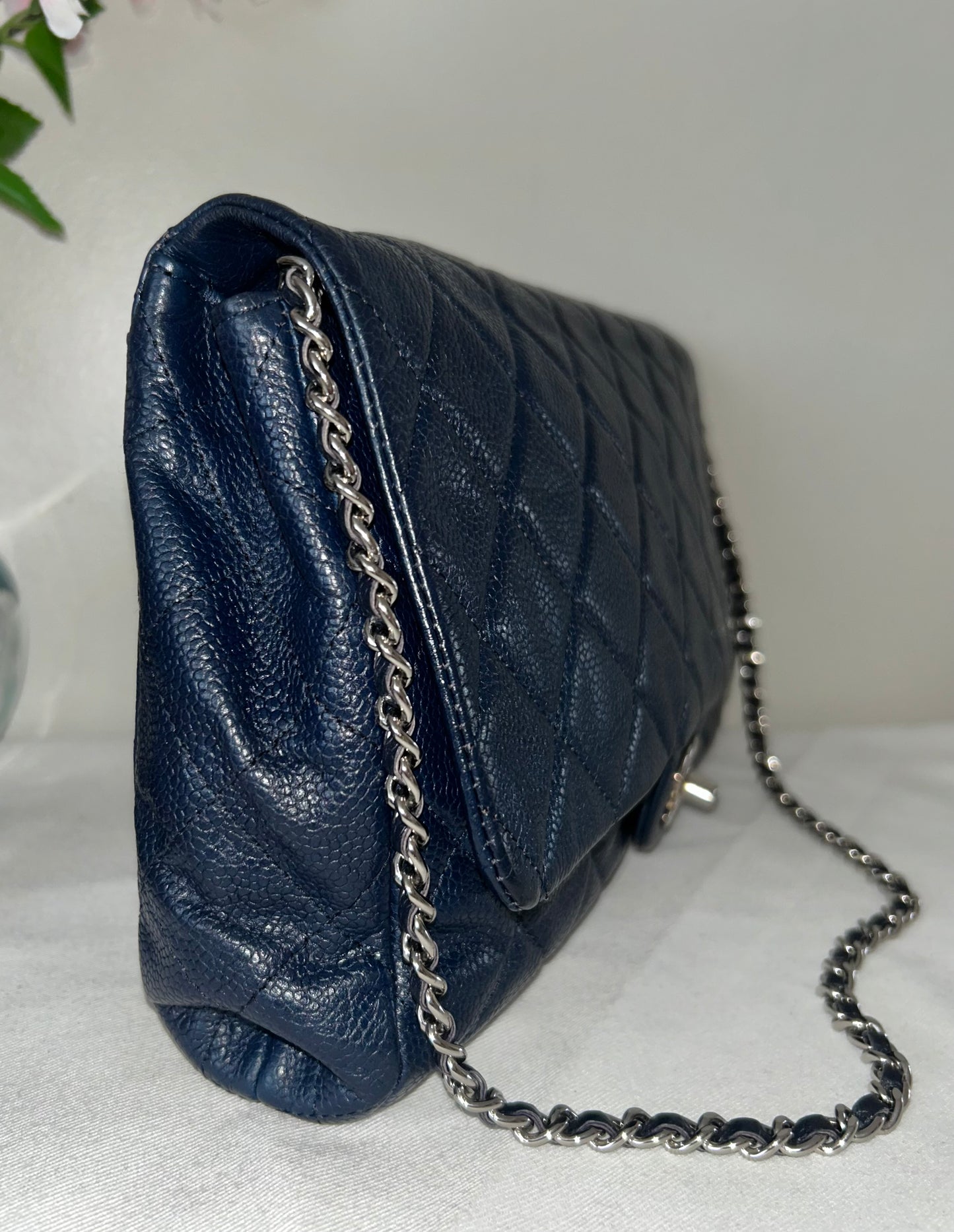 CHANEL CC Classic Quilted Soft Caviar Leather Single Flap Shoulder Navy