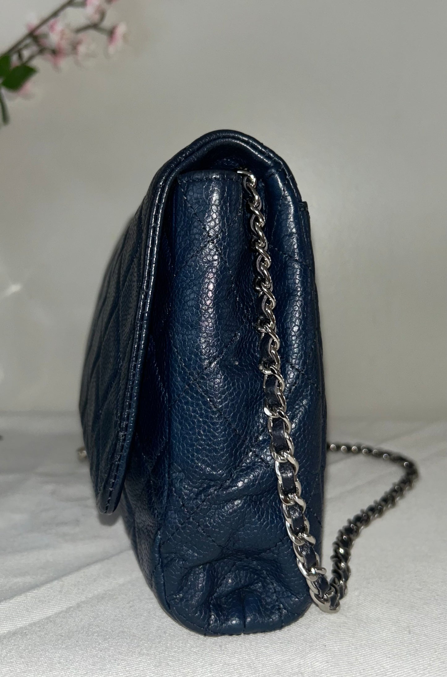 CHANEL CC Classic Quilted Soft Caviar Leather Single Flap Shoulder Navy