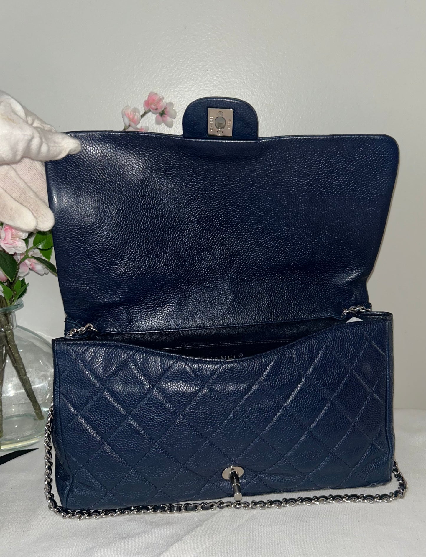 CHANEL CC Classic Quilted Soft Caviar Leather Single Flap Shoulder Navy