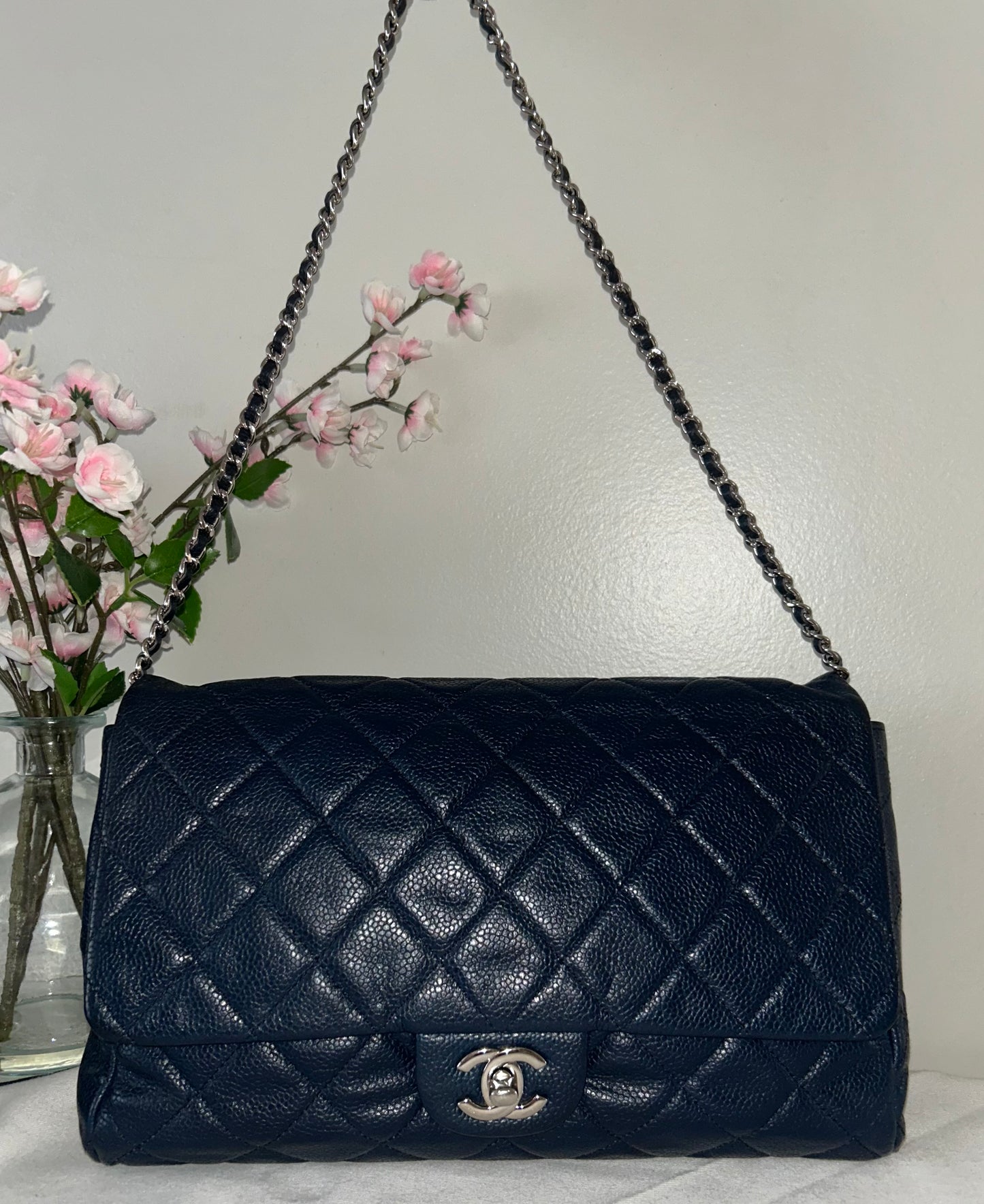CHANEL CC Classic Quilted Soft Caviar Leather Single Flap Shoulder Navy
