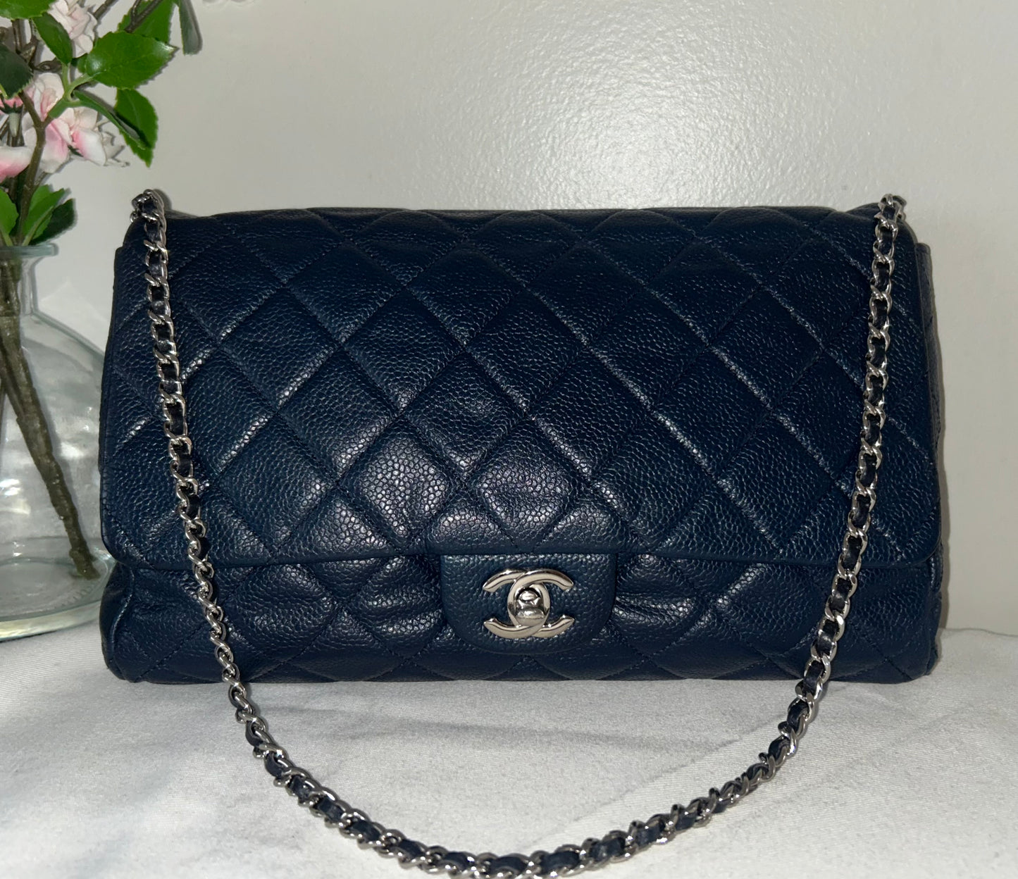 CHANEL CC Classic Quilted Soft Caviar Leather Single Flap Shoulder Navy