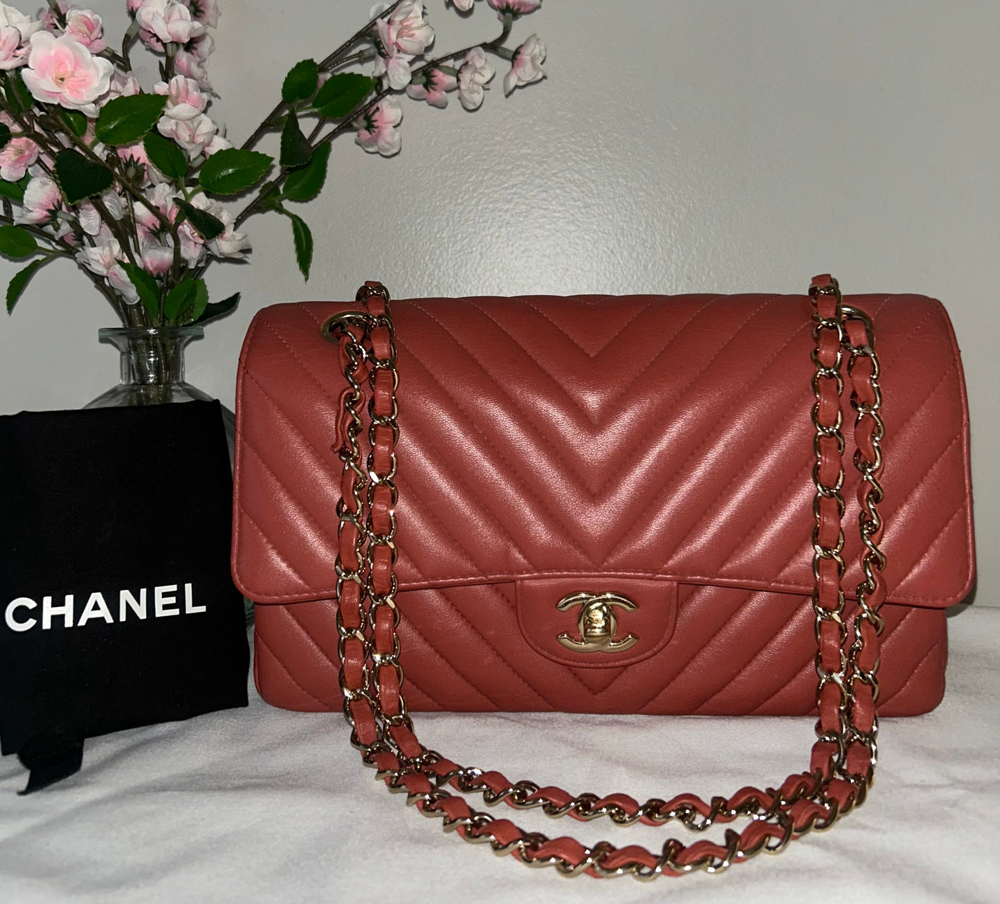 CHANEL Medium Classic Double Flap Chevron Quilted Handbag Dark Coral Terracotta