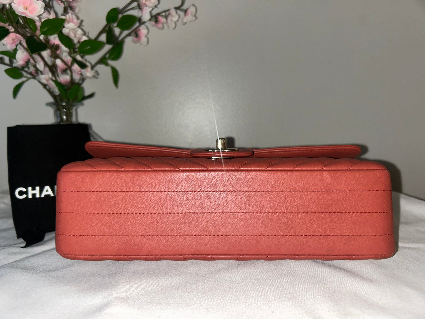 CHANEL Medium Classic Double Flap Chevron Quilted Handbag Dark Coral Terracotta