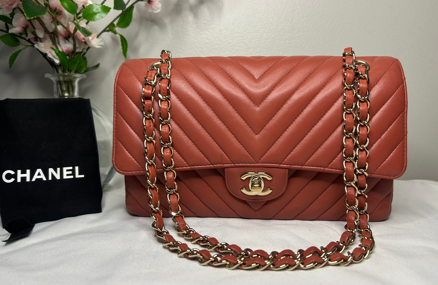 CHANEL Medium Classic Double Flap Chevron Quilted Handbag Dark Coral Terracotta