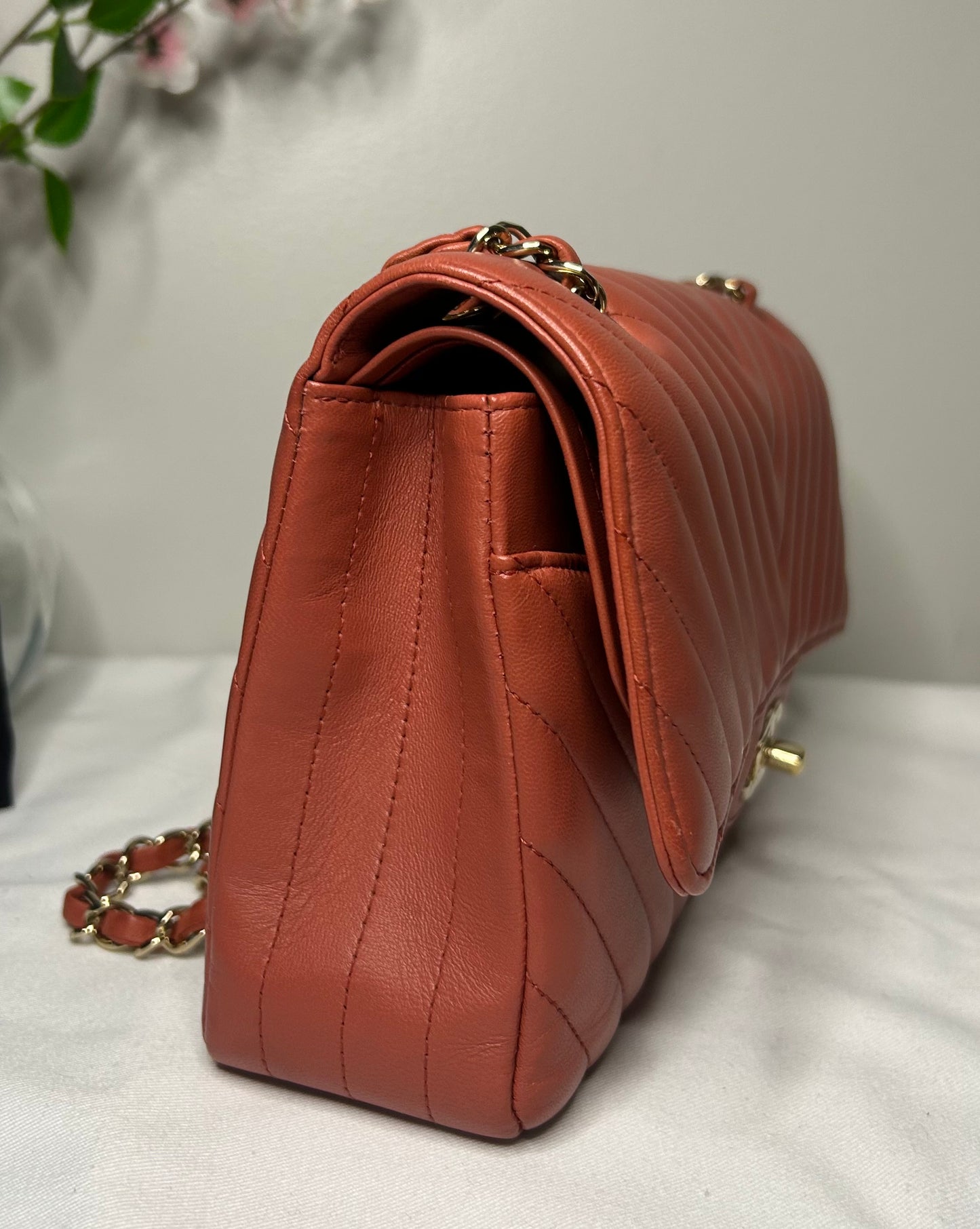 CHANEL Medium Classic Double Flap Chevron Quilted Handbag Dark Coral Terracotta