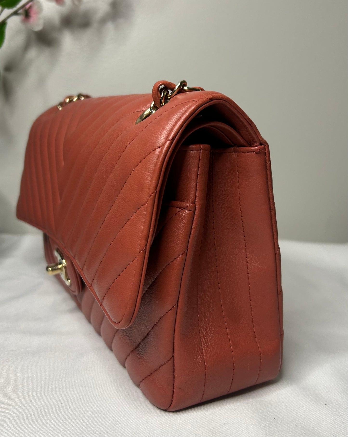 CHANEL Medium Classic Double Flap Chevron Quilted Handbag Dark Coral Terracotta