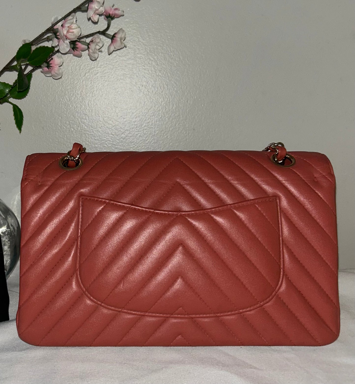 CHANEL Medium Classic Double Flap Chevron Quilted Handbag Dark Coral Terracotta