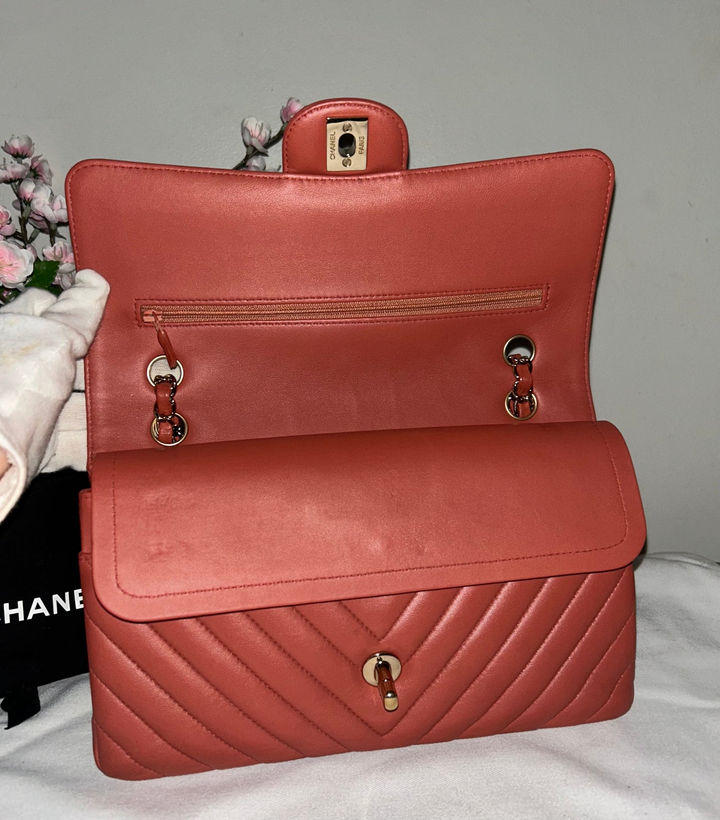 CHANEL Medium Classic Double Flap Chevron Quilted Handbag Dark Coral Terracotta