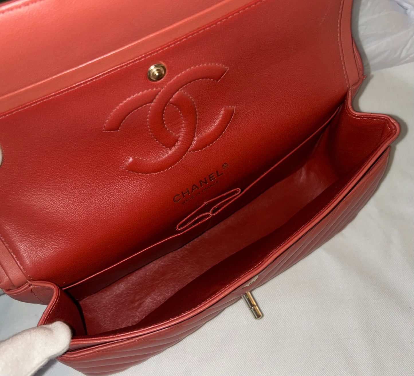 CHANEL Medium Classic Double Flap Chevron Quilted Handbag Dark Coral Terracotta