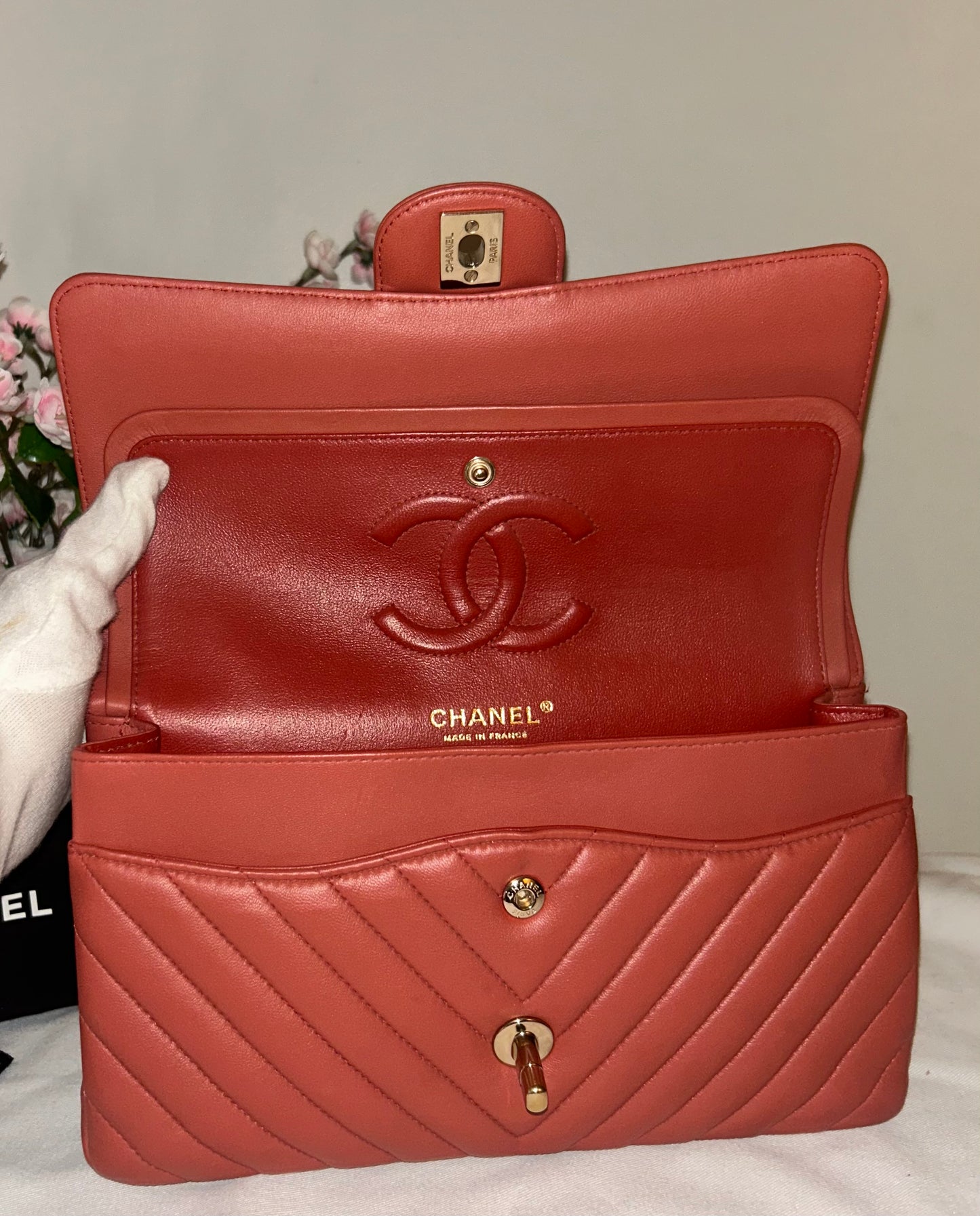 CHANEL Medium Classic Double Flap Chevron Quilted Handbag Dark Coral Terracotta
