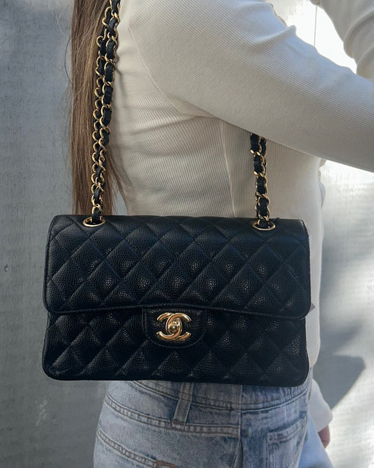 CHANEL 25B Small Classic Double Flap Caviar Quilted Handbag Black/Gold Hardware