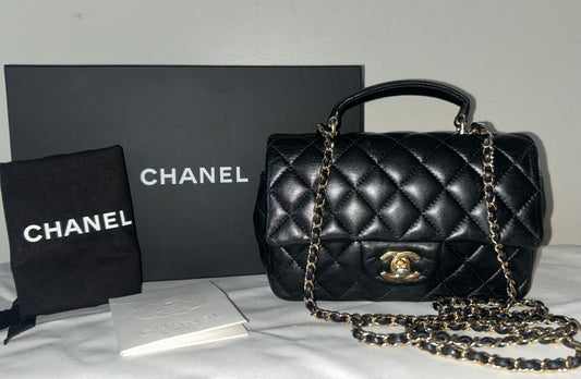 CHANEL Mini Rectangular Flap Bag with Top Handle Quilted Lambskin Black