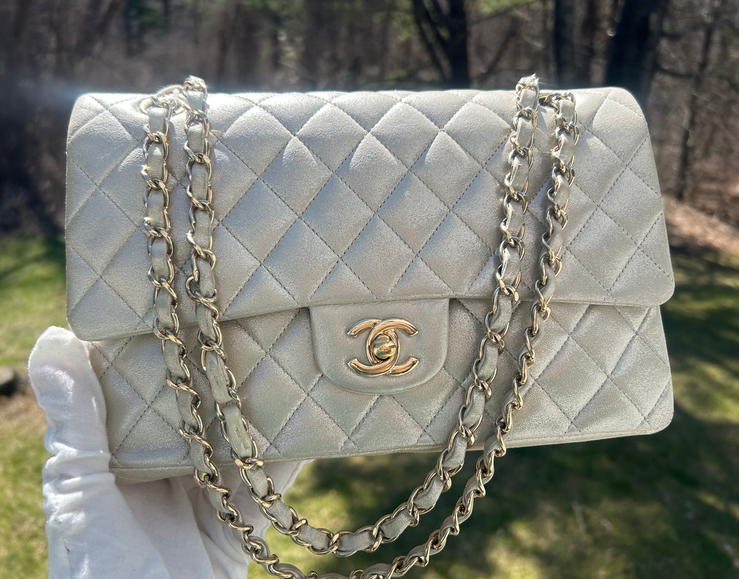 CHANEL Medium Classic Double Flap Pearlescent Calfskin Handbag Champagne Gold