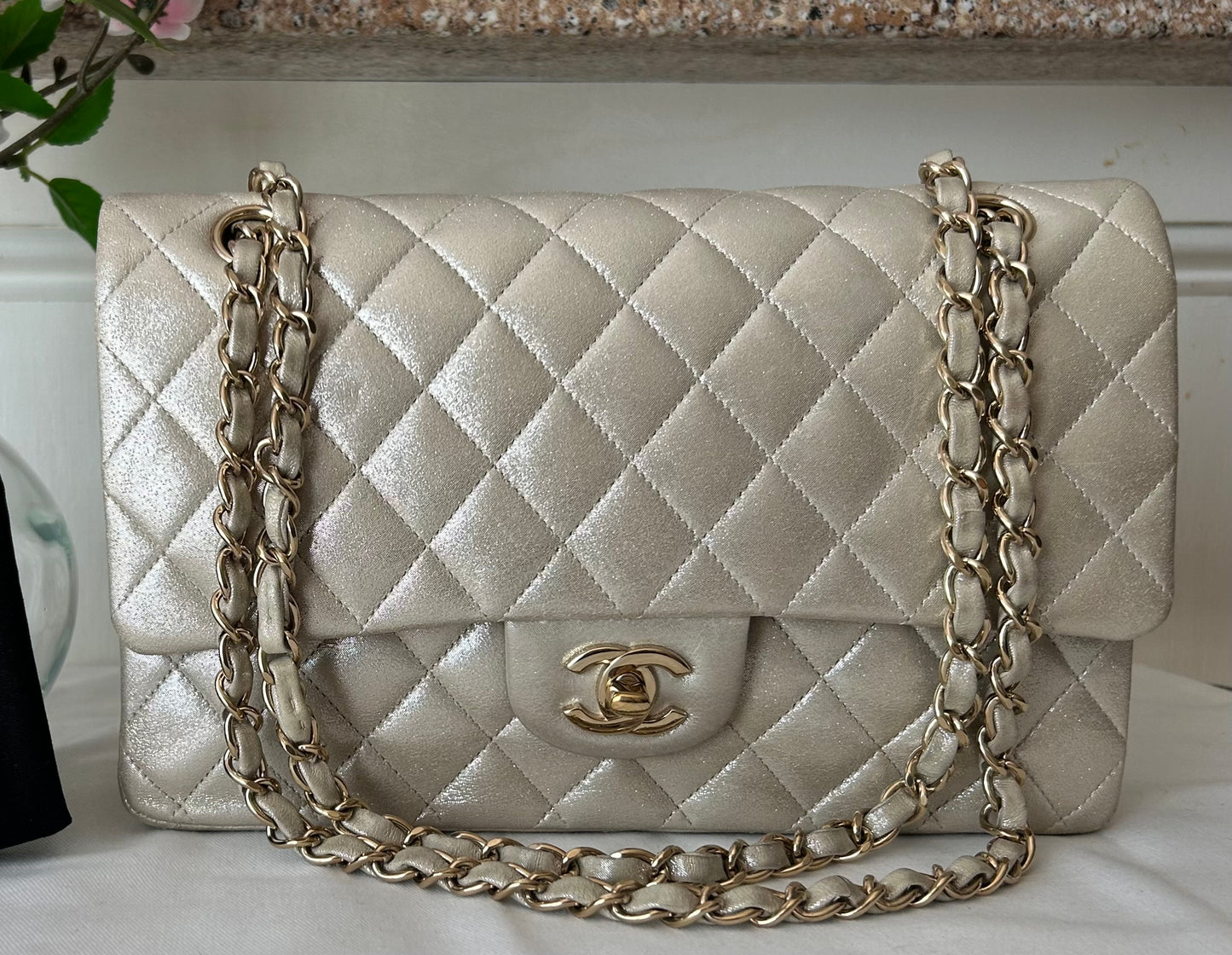 CHANEL Medium Classic Double Flap Pearlescent Calfskin Handbag Champagne Gold