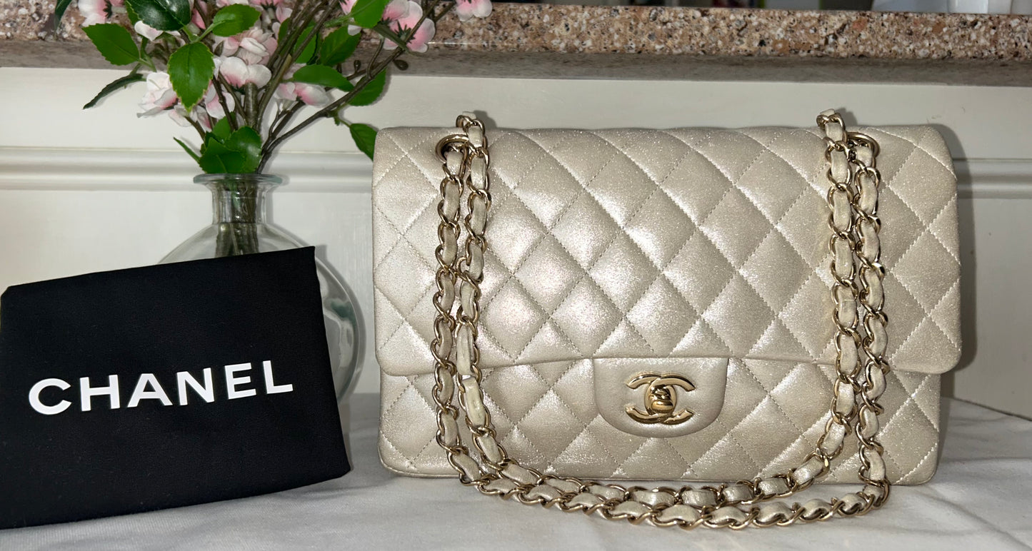 CHANEL Medium Classic Double Flap Pearlescent Calfskin Handbag Champagne Gold
