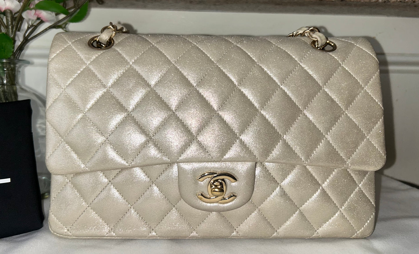 CHANEL Medium Classic Double Flap Pearlescent Calfskin Handbag Champagne Gold