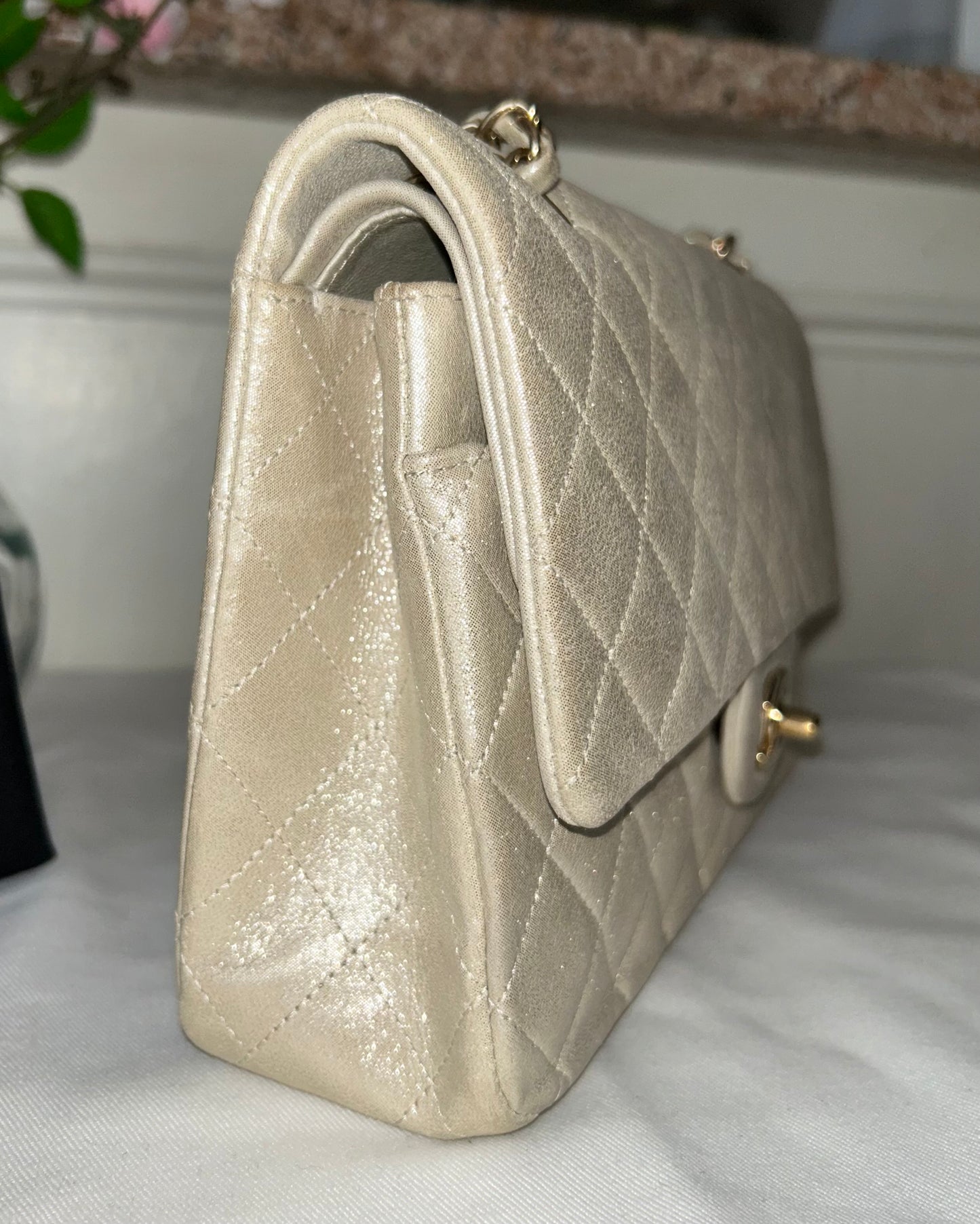 CHANEL Medium Classic Double Flap Pearlescent Calfskin Handbag Champagne Gold