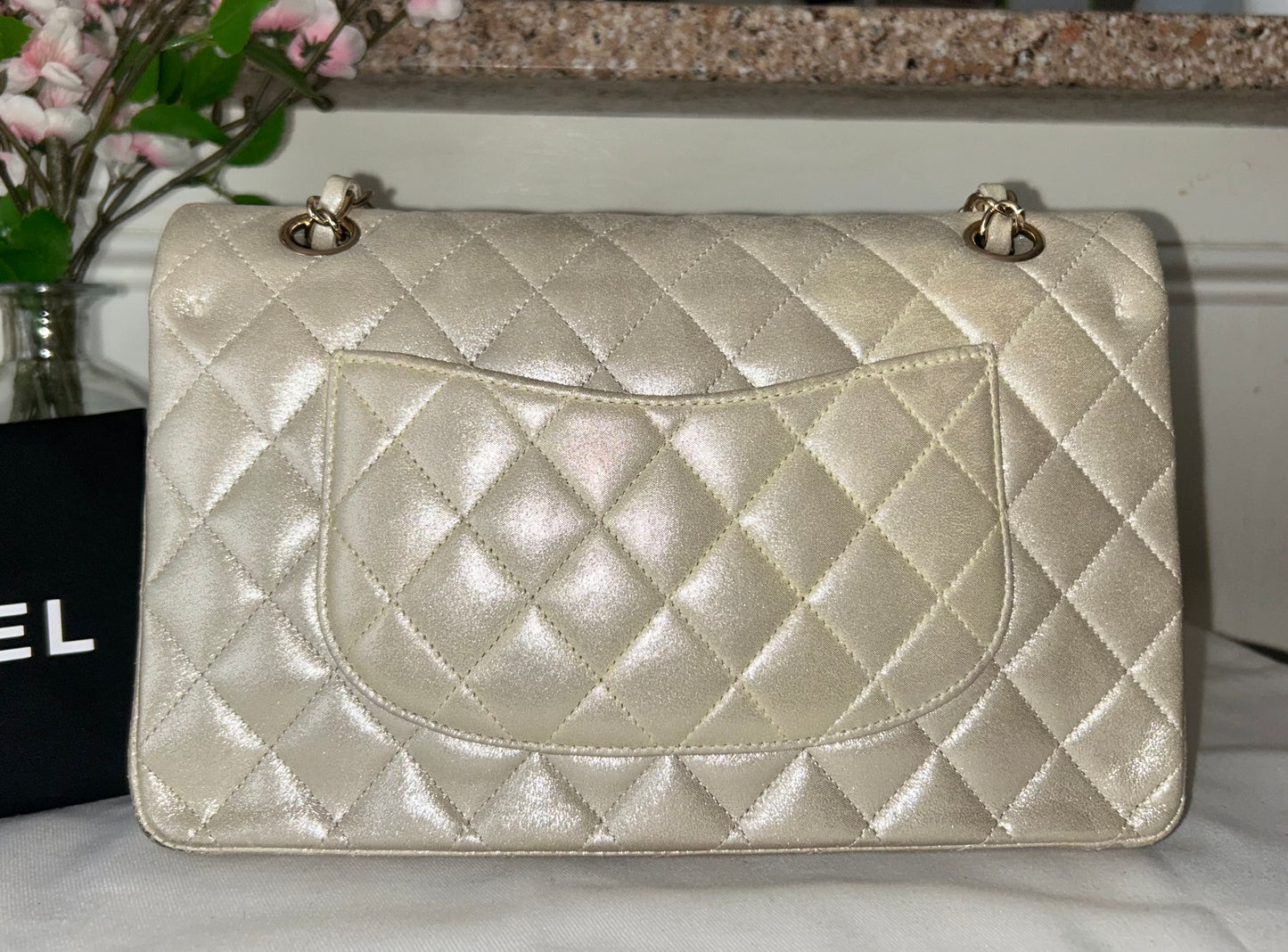 CHANEL Medium Classic Double Flap Pearlescent Calfskin Handbag Champagne Gold