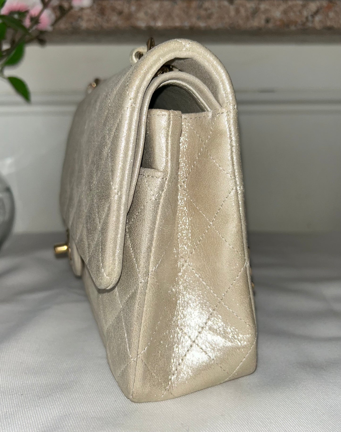 CHANEL Medium Classic Double Flap Pearlescent Calfskin Handbag Champagne Gold
