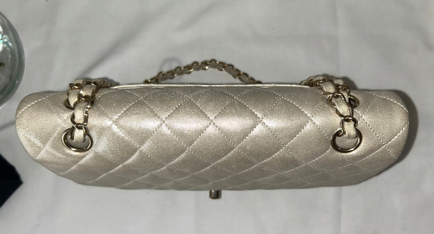 CHANEL Medium Classic Double Flap Pearlescent Calfskin Handbag Champagne Gold