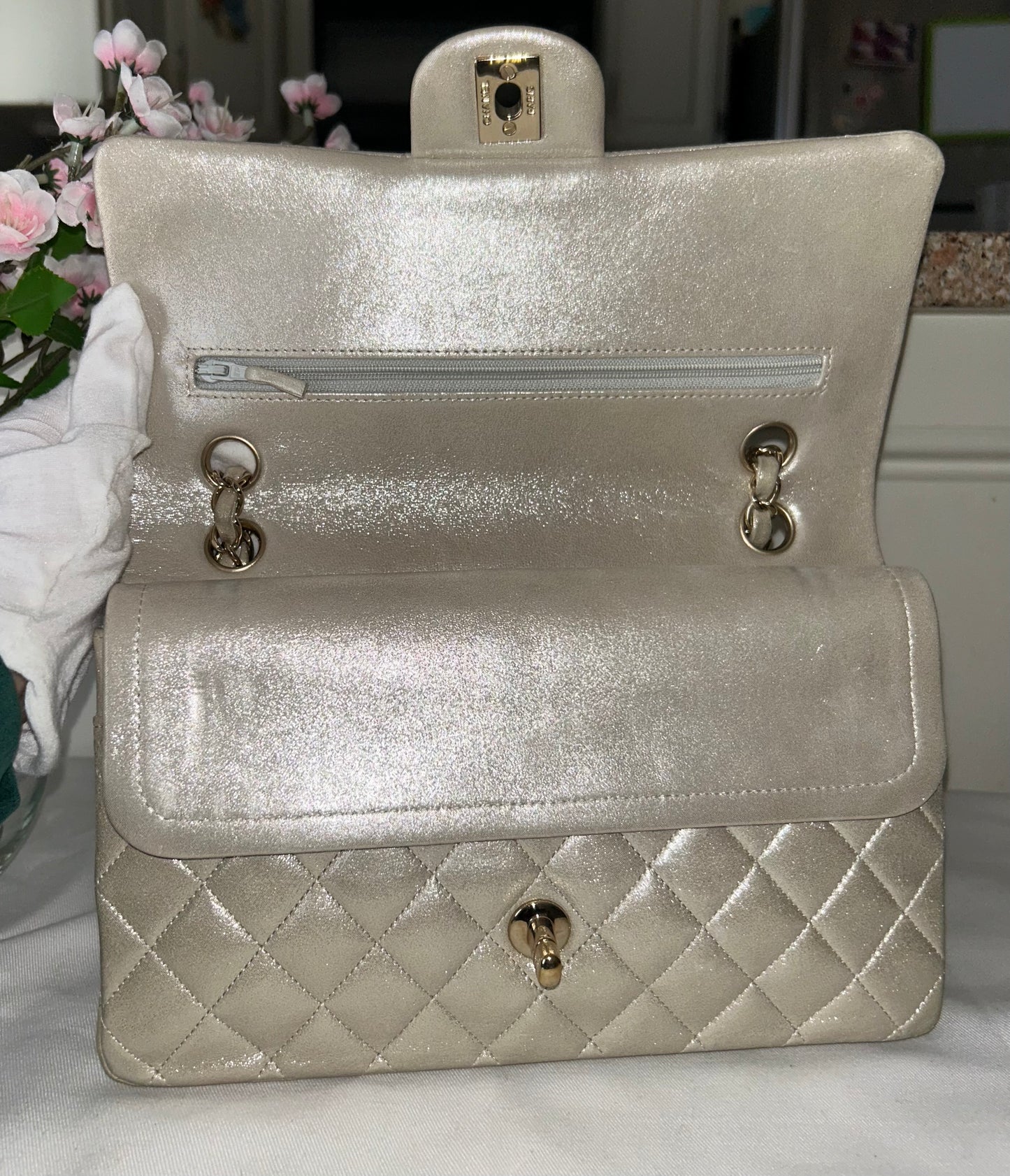 CHANEL Medium Classic Double Flap Pearlescent Calfskin Handbag Champagne Gold