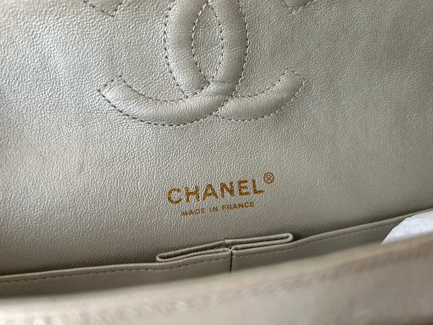 CHANEL Medium Classic Double Flap Pearlescent Calfskin Handbag Champagne Gold