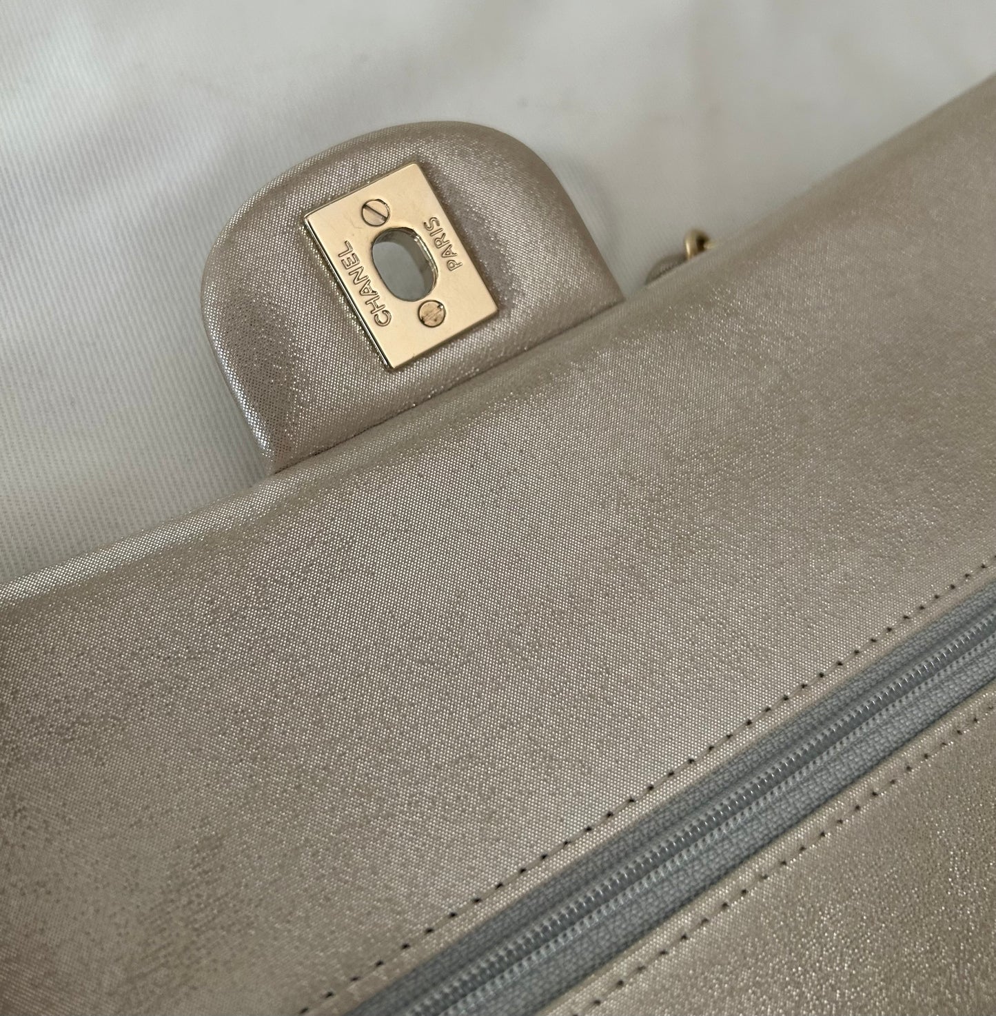 CHANEL Medium Classic Double Flap Pearlescent Calfskin Handbag Champagne Gold