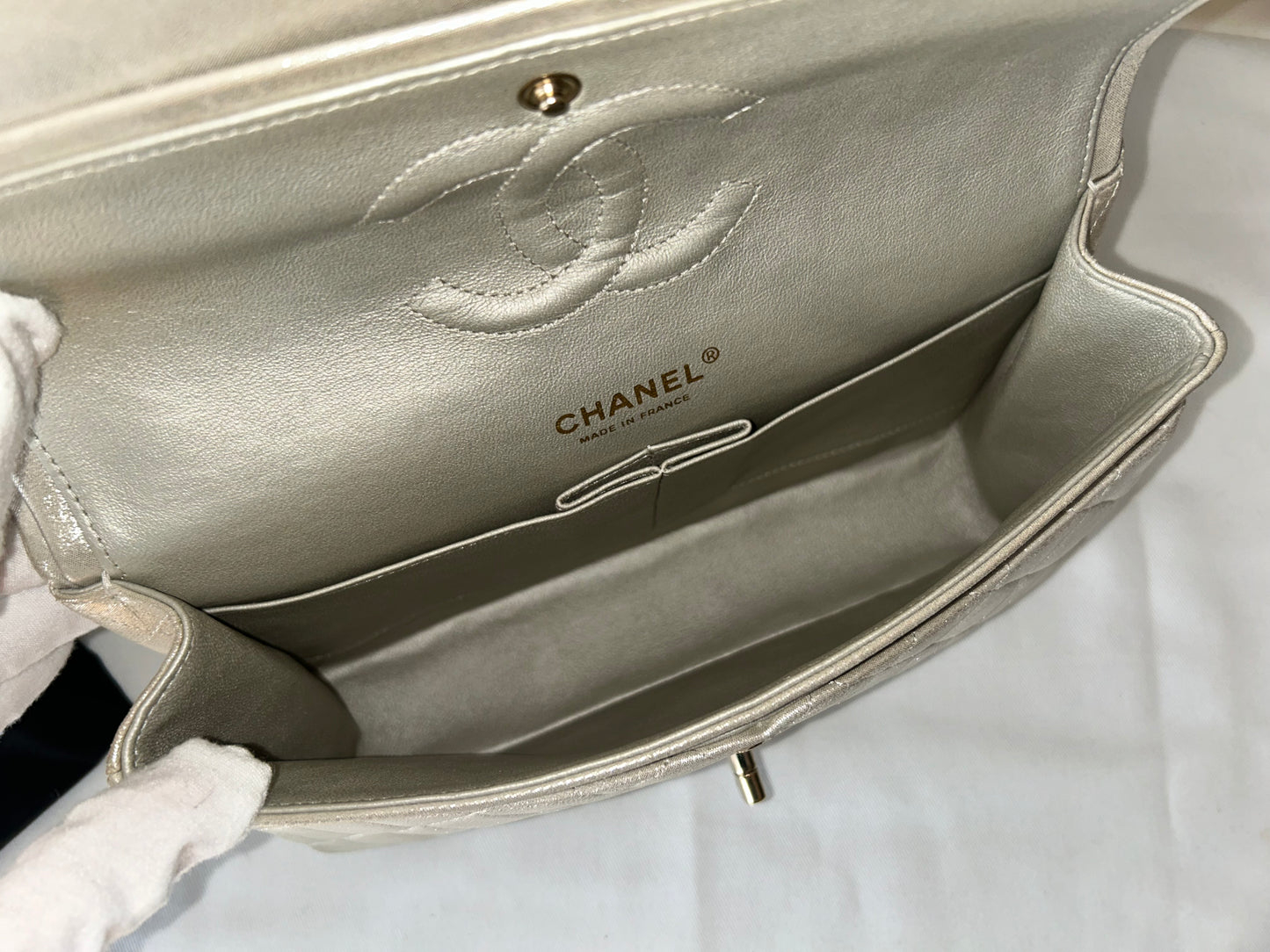 CHANEL Medium Classic Double Flap Pearlescent Calfskin Handbag Champagne Gold