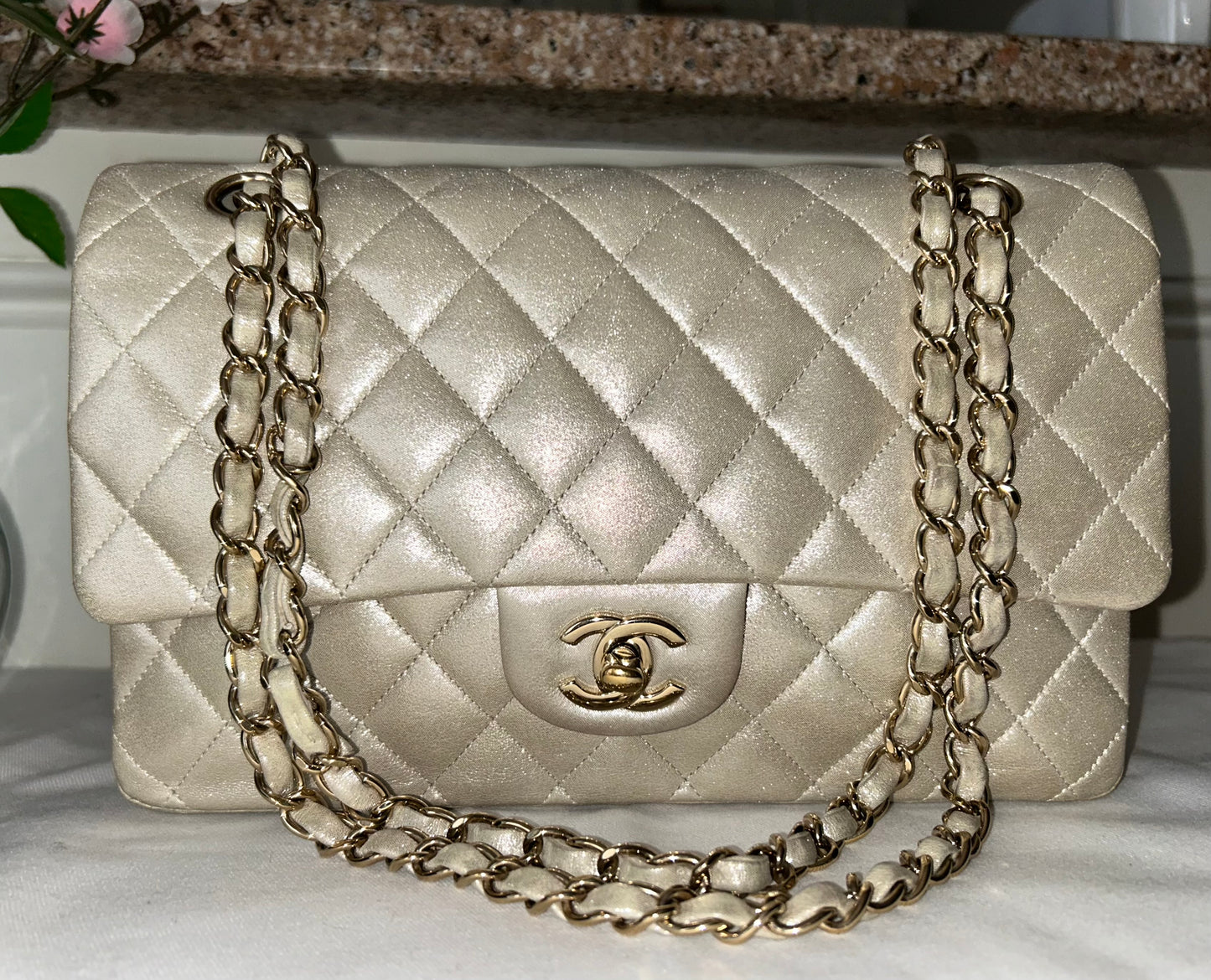 CHANEL Medium Classic Double Flap Pearlescent Calfskin Handbag Champagne Gold