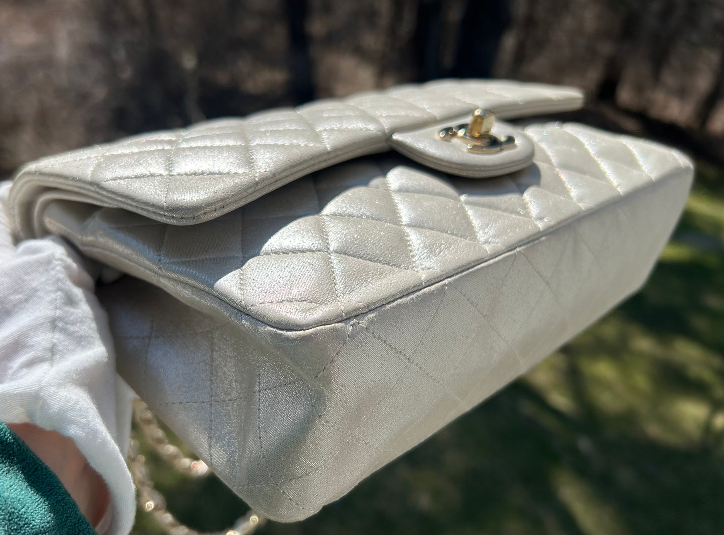 CHANEL Medium Classic Double Flap Pearlescent Calfskin Handbag Champagne Gold