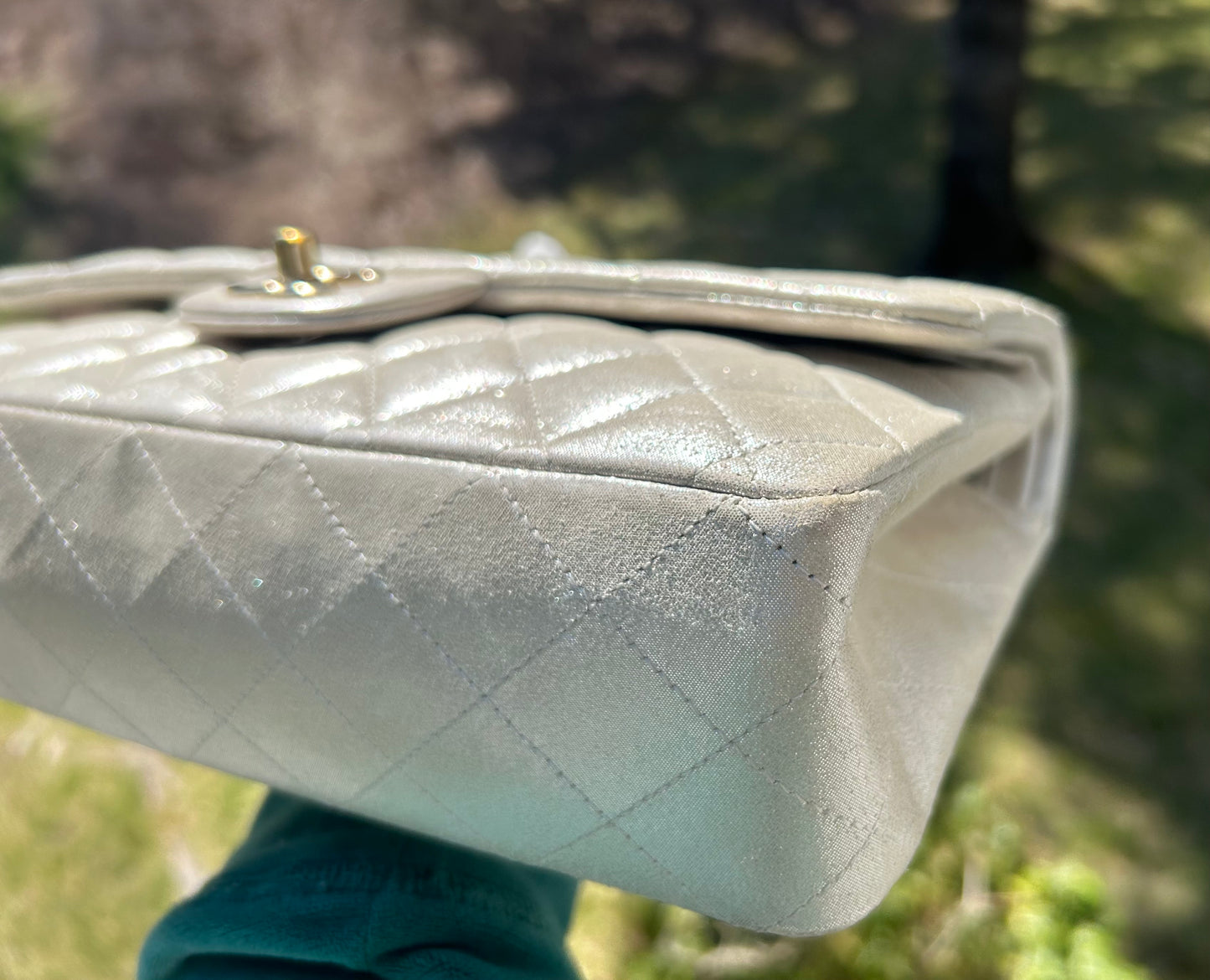 CHANEL Medium Classic Double Flap Pearlescent Calfskin Handbag Champagne Gold