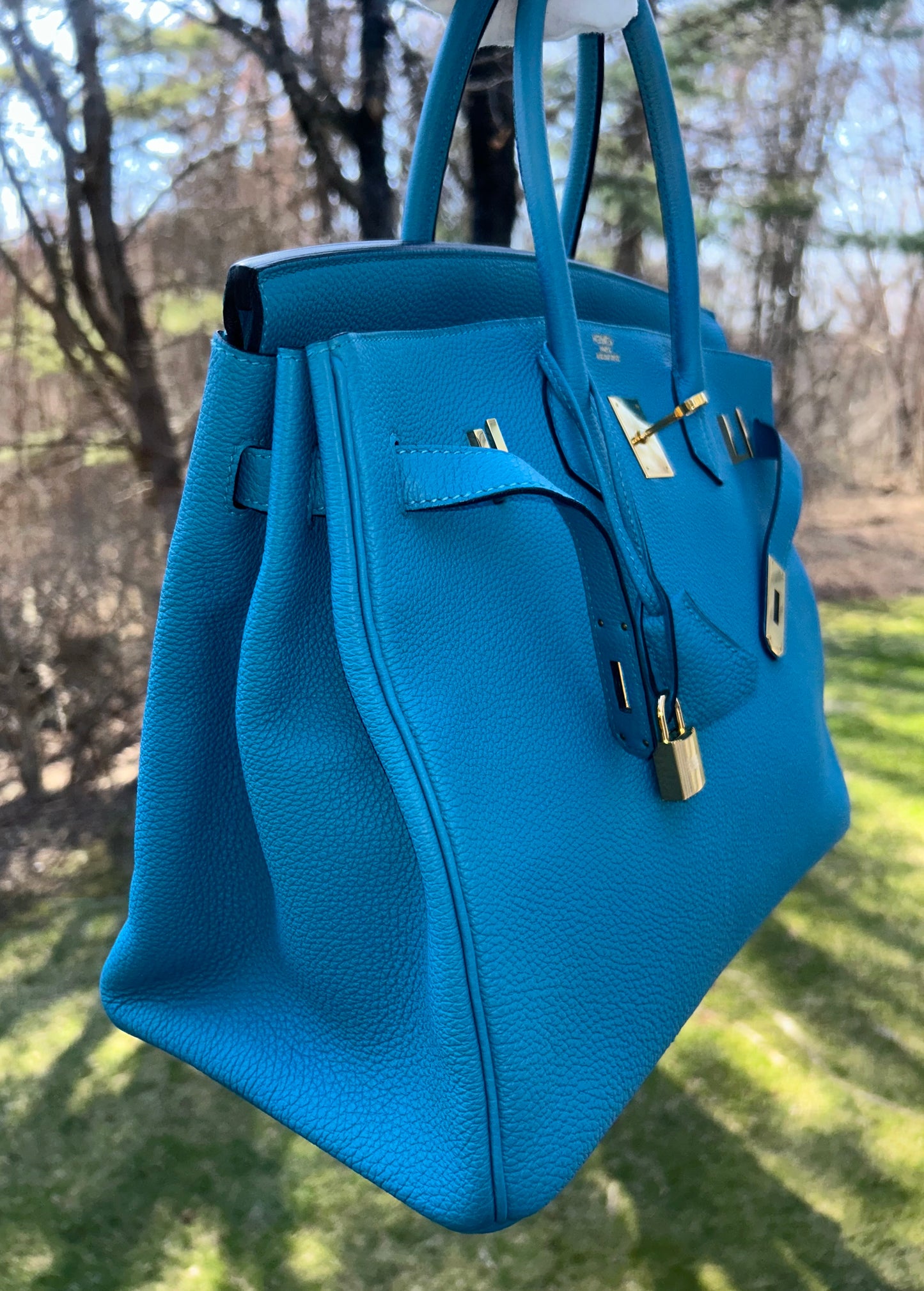 HERMÈS Birkin 35 Bleu Izmir Togo Leather Gold Hardware Handbag
