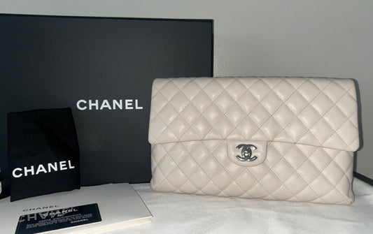 CHANEL Classic Flap Clutch Bag Quilted Pearly Caviar Leather Bone Off-White