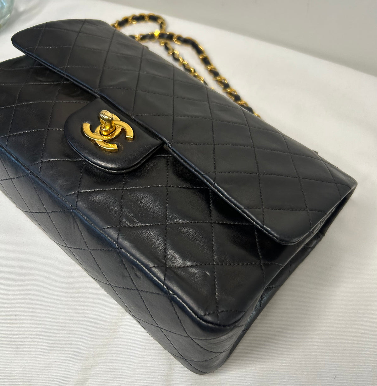 CHANEL Vintage Medium Double Flap Lambskin Quilted Handbag Black / 24k Gold