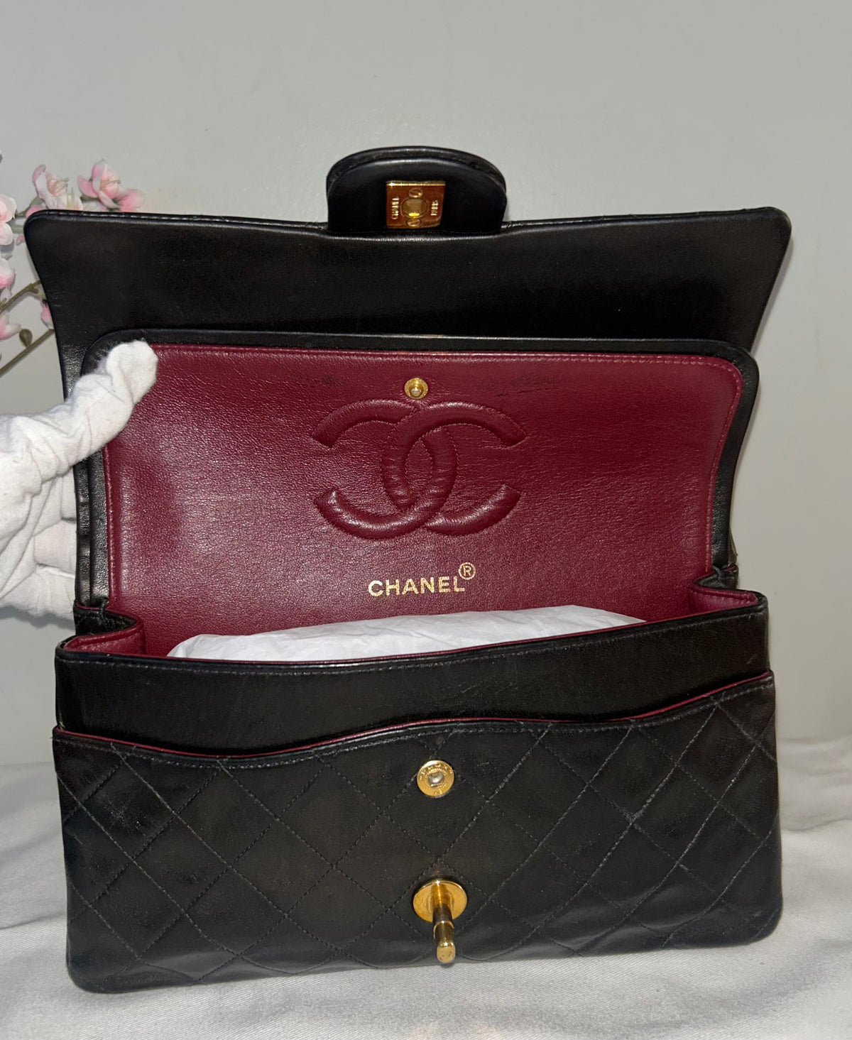 CHANEL Vintage Medium Double Flap Lambskin Quilted Handbag Black / 24k Gold