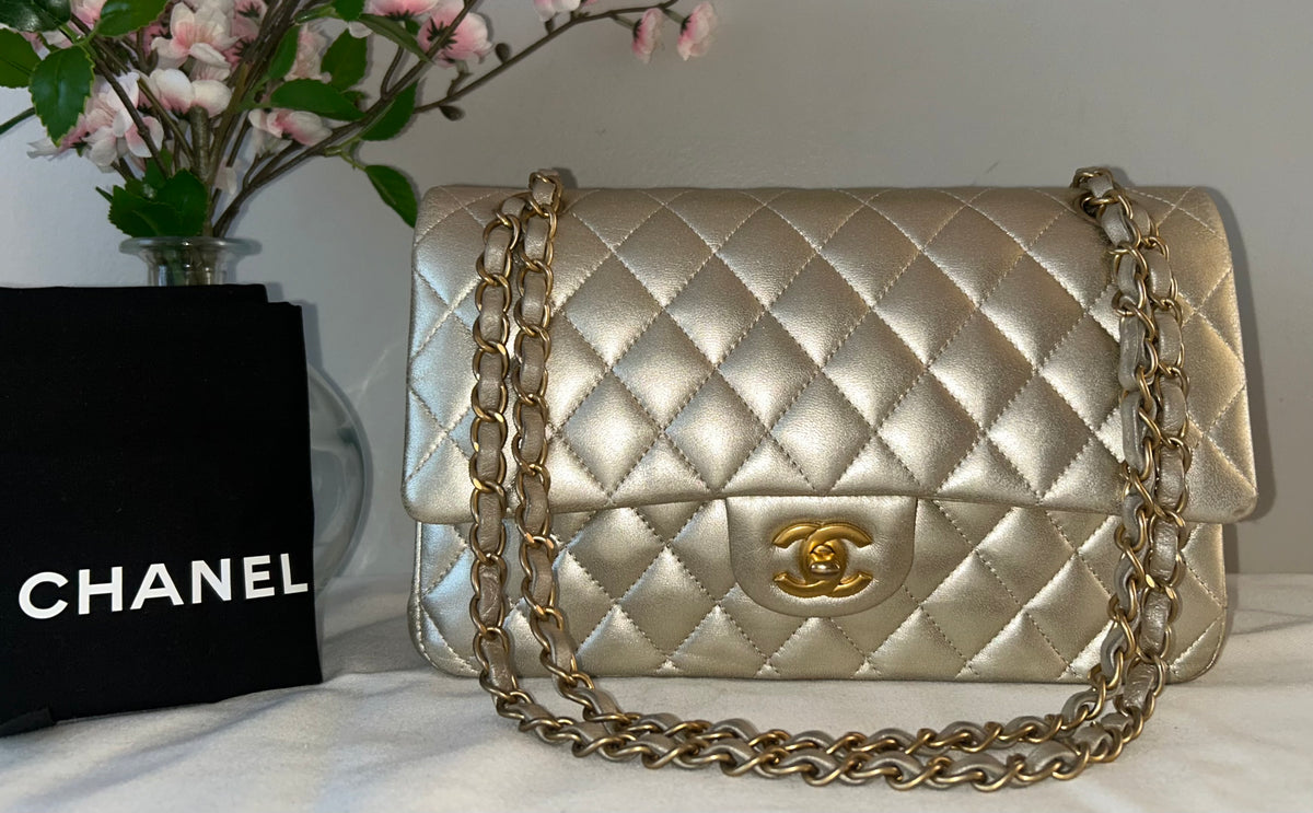 CHANEL Medium Classic Double Flap Metallic Lambskin Quilted Handbag Light Gold