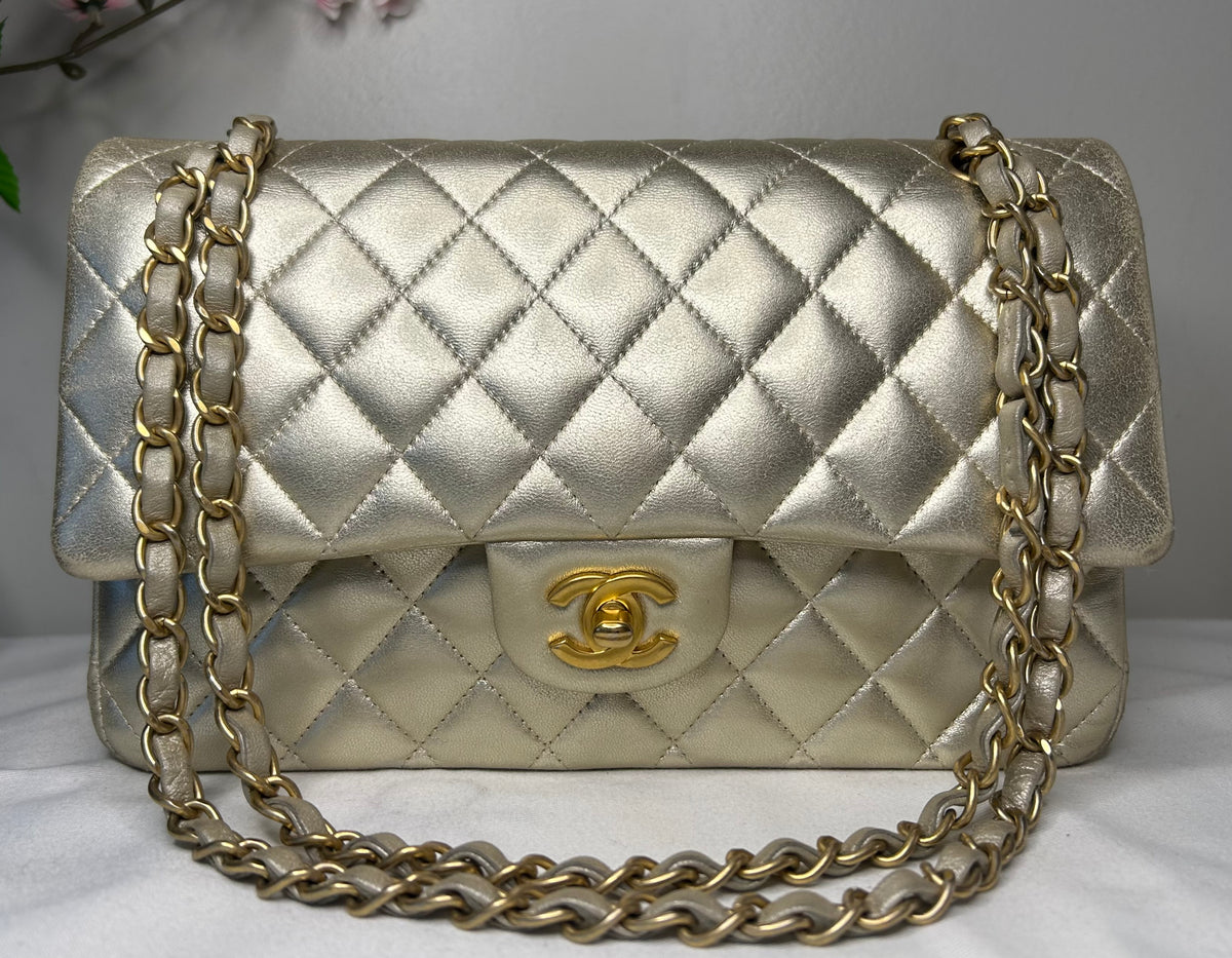 CHANEL Medium Classic Double Flap Metallic Lambskin Quilted Handbag Light Gold