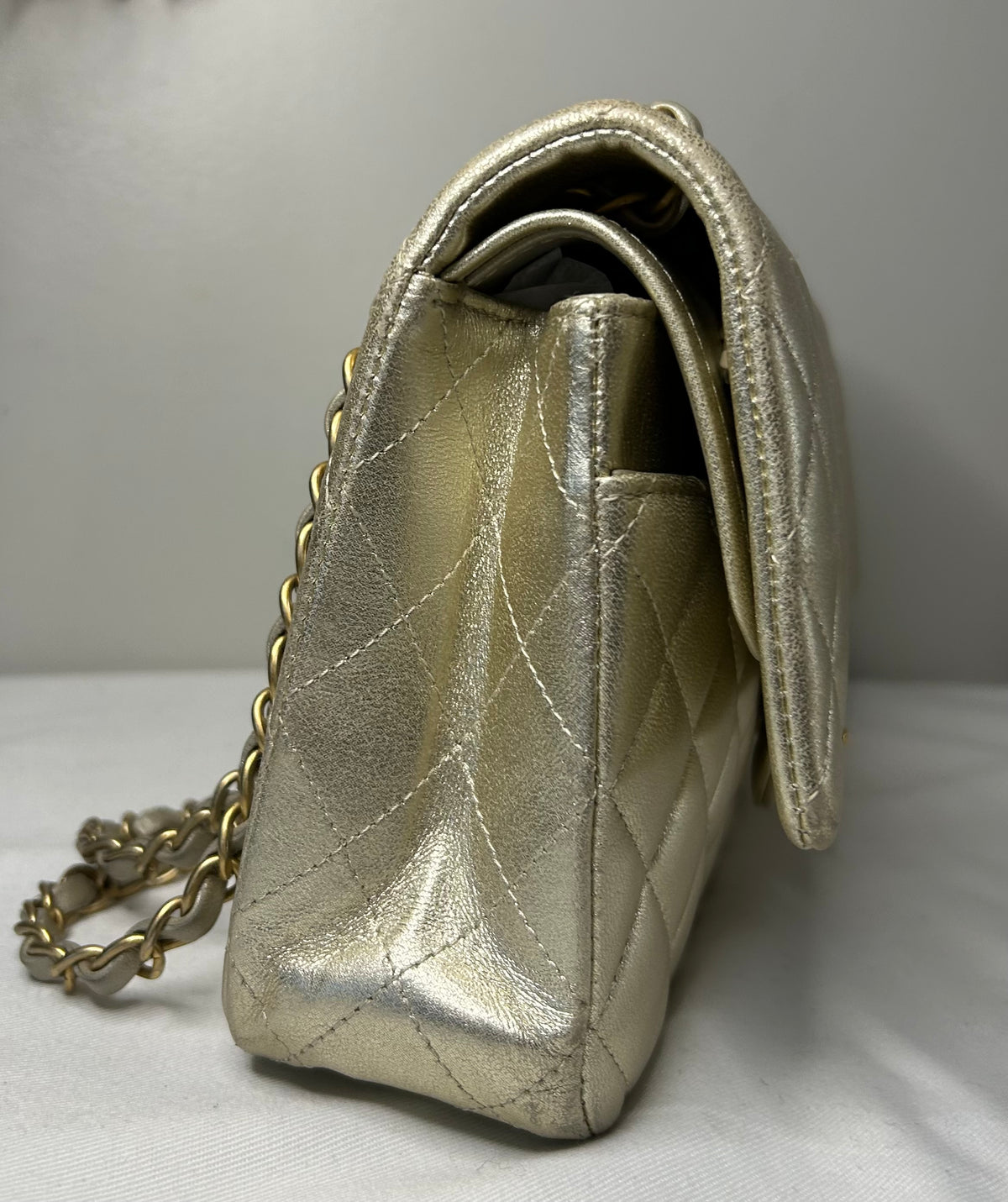 CHANEL Medium Classic Double Flap Metallic Lambskin Quilted Handbag Light Gold