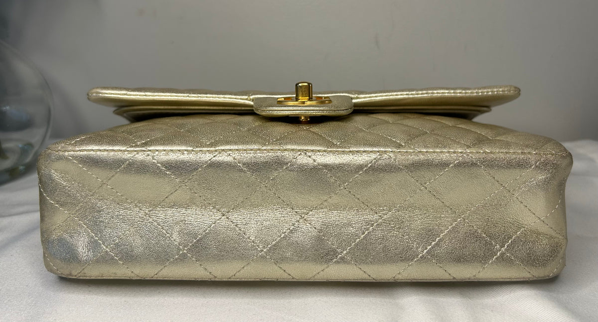 CHANEL Medium Classic Double Flap Metallic Lambskin Quilted Handbag Light Gold