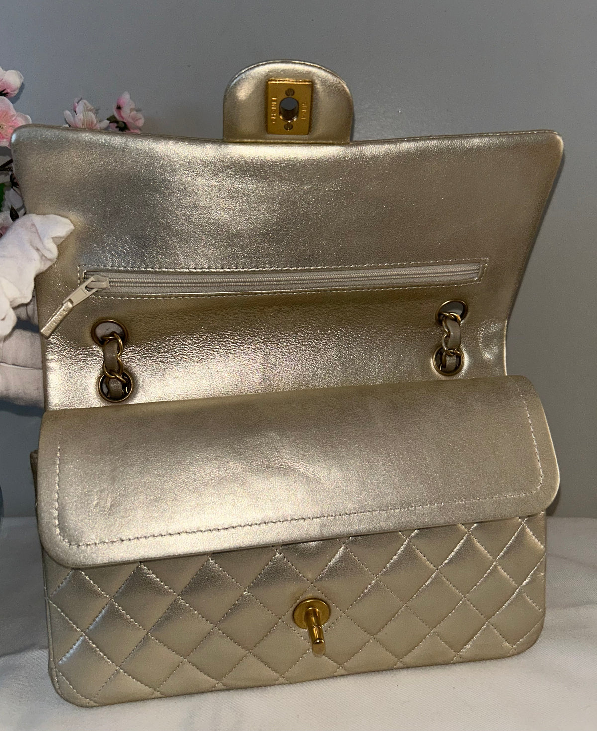 CHANEL Medium Classic Double Flap Metallic Lambskin Quilted Handbag Light Gold