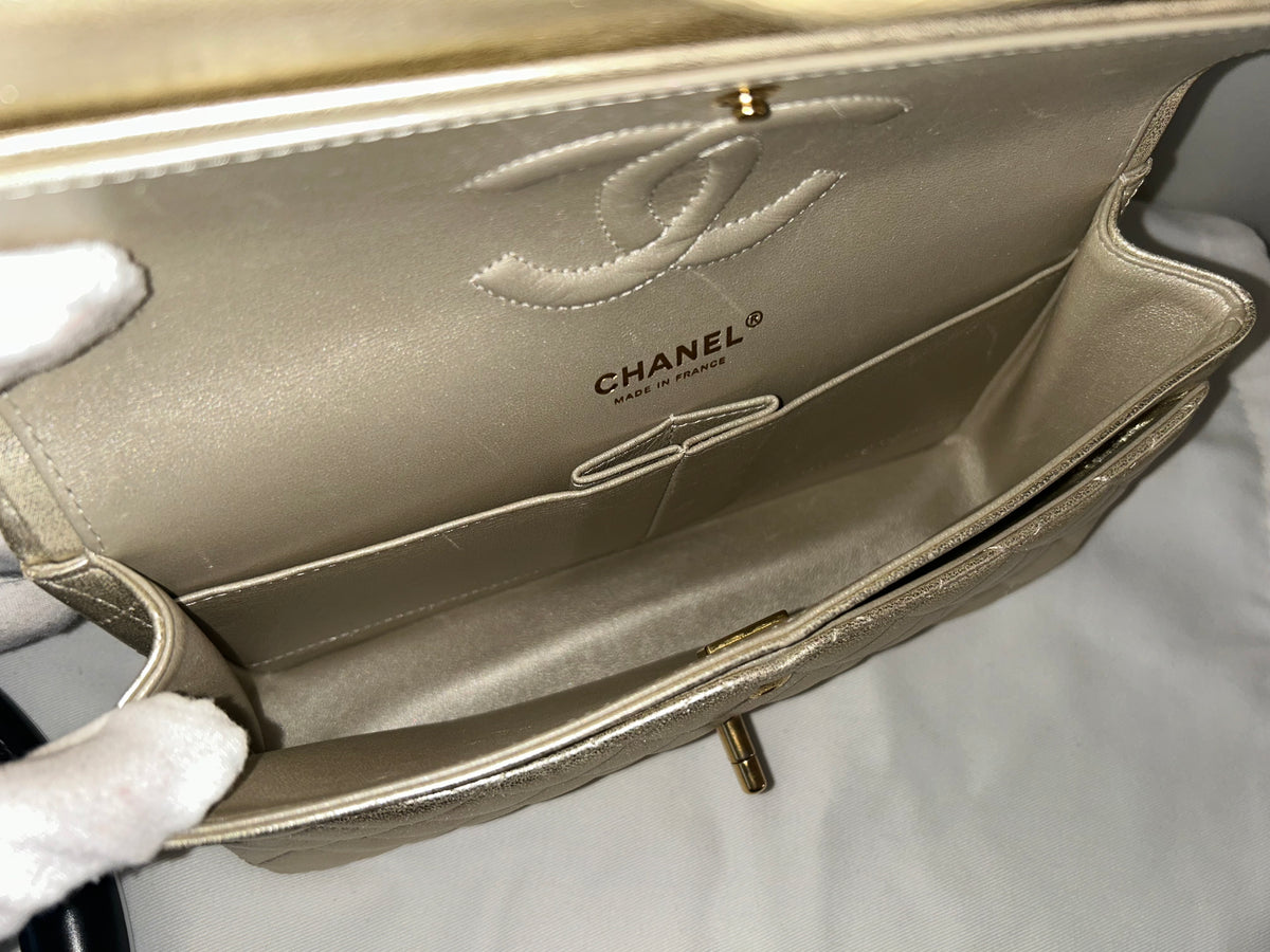 CHANEL Medium Classic Double Flap Metallic Lambskin Quilted Handbag Light Gold