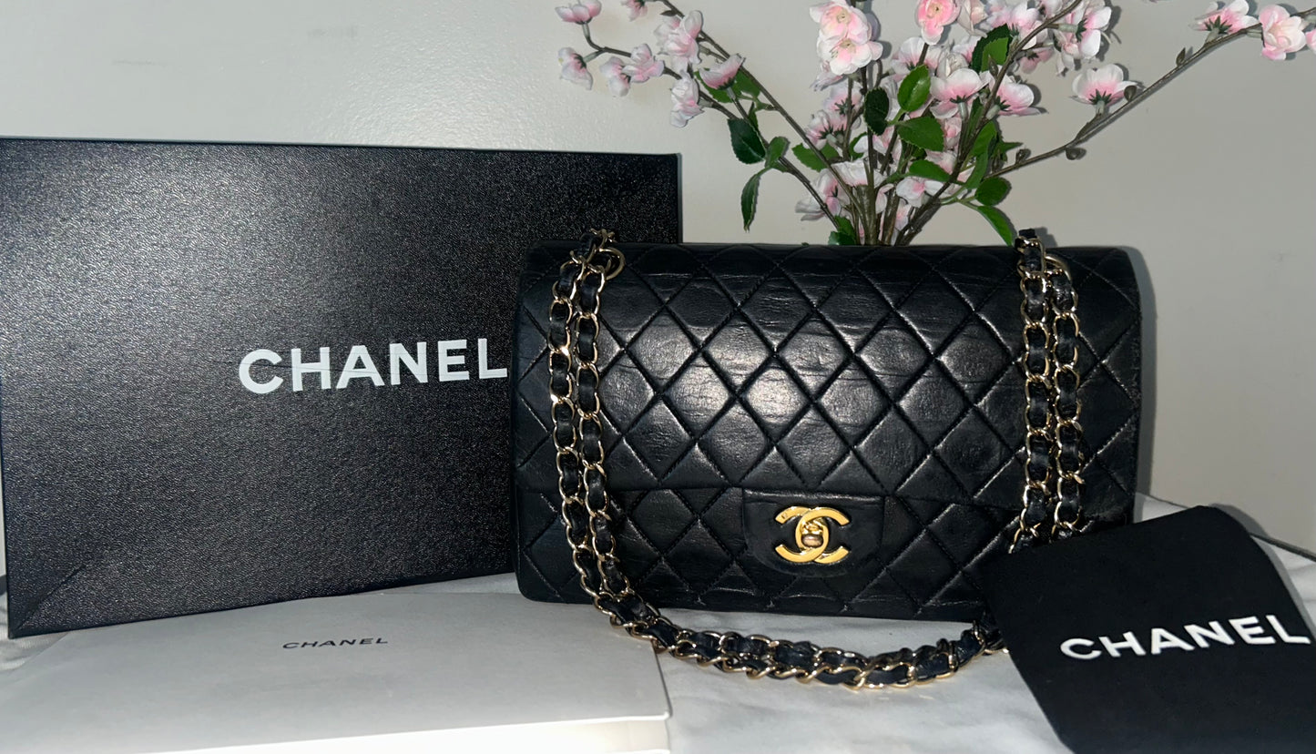 CHANEL Medium Classic Double Flap Lambskin Quilted Handbag Black / 24K Gold
