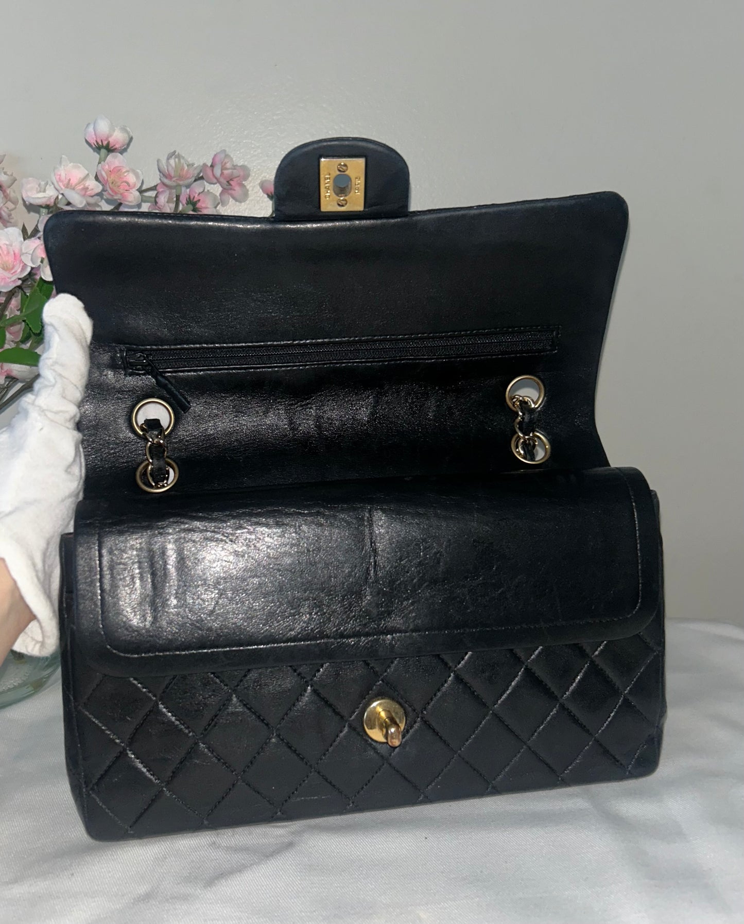 CHANEL Medium Classic Double Flap Lambskin Quilted Handbag Black / 24K Gold