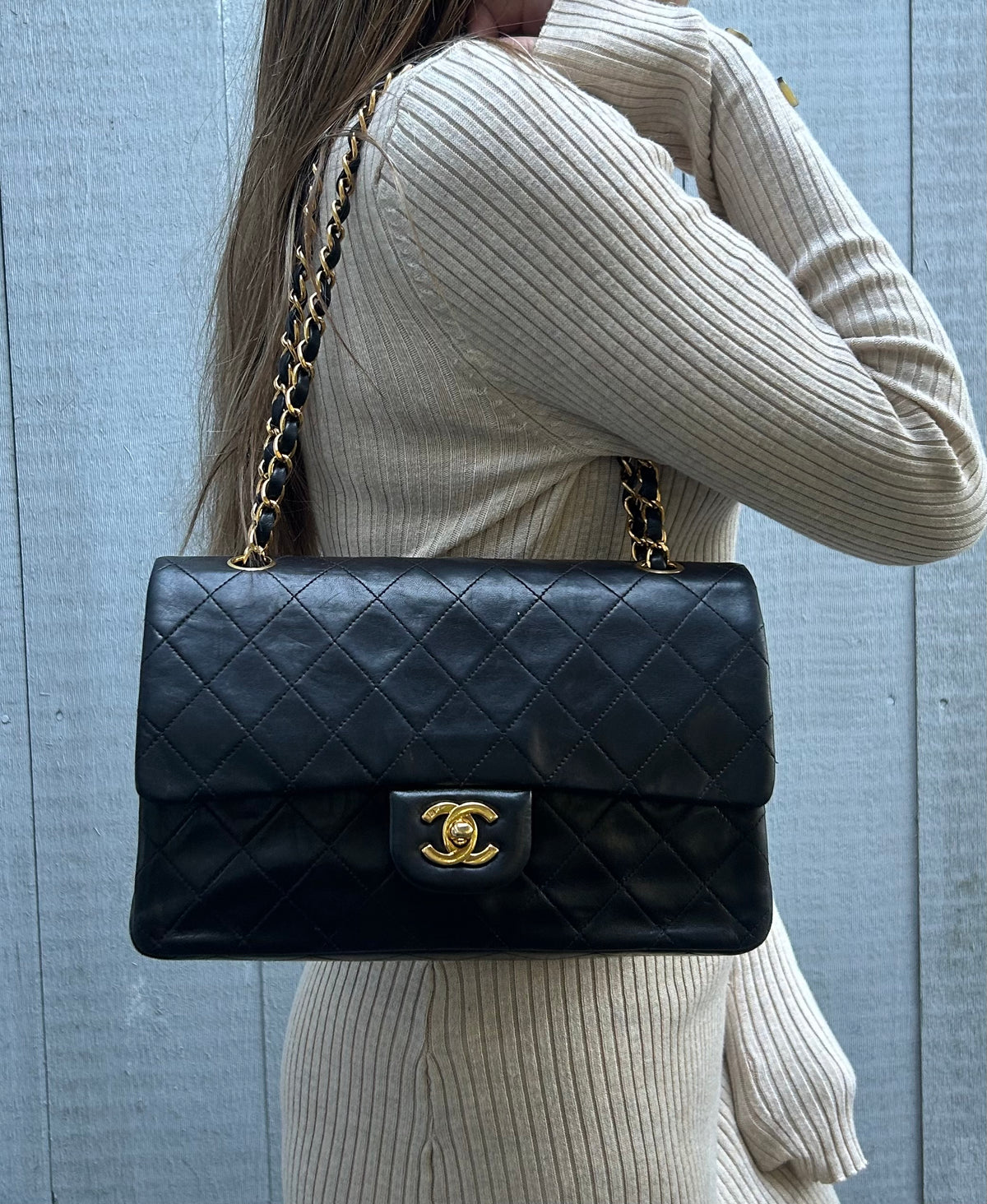 CHANEL Vintage Medium Double Flap Lambskin Quilted Handbag Black / 24k Gold