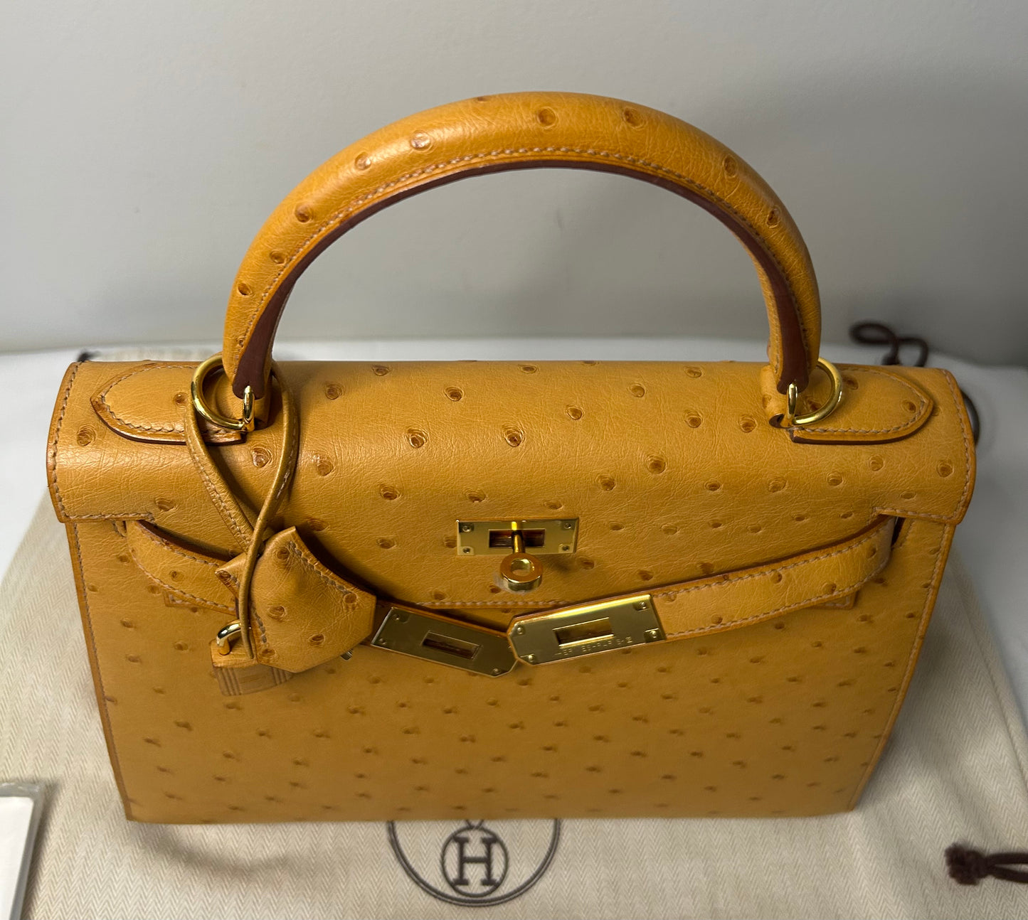 HERMÈS Kelly 28 Tabac Camel Ostrich Leather Gold Hardware Handbag