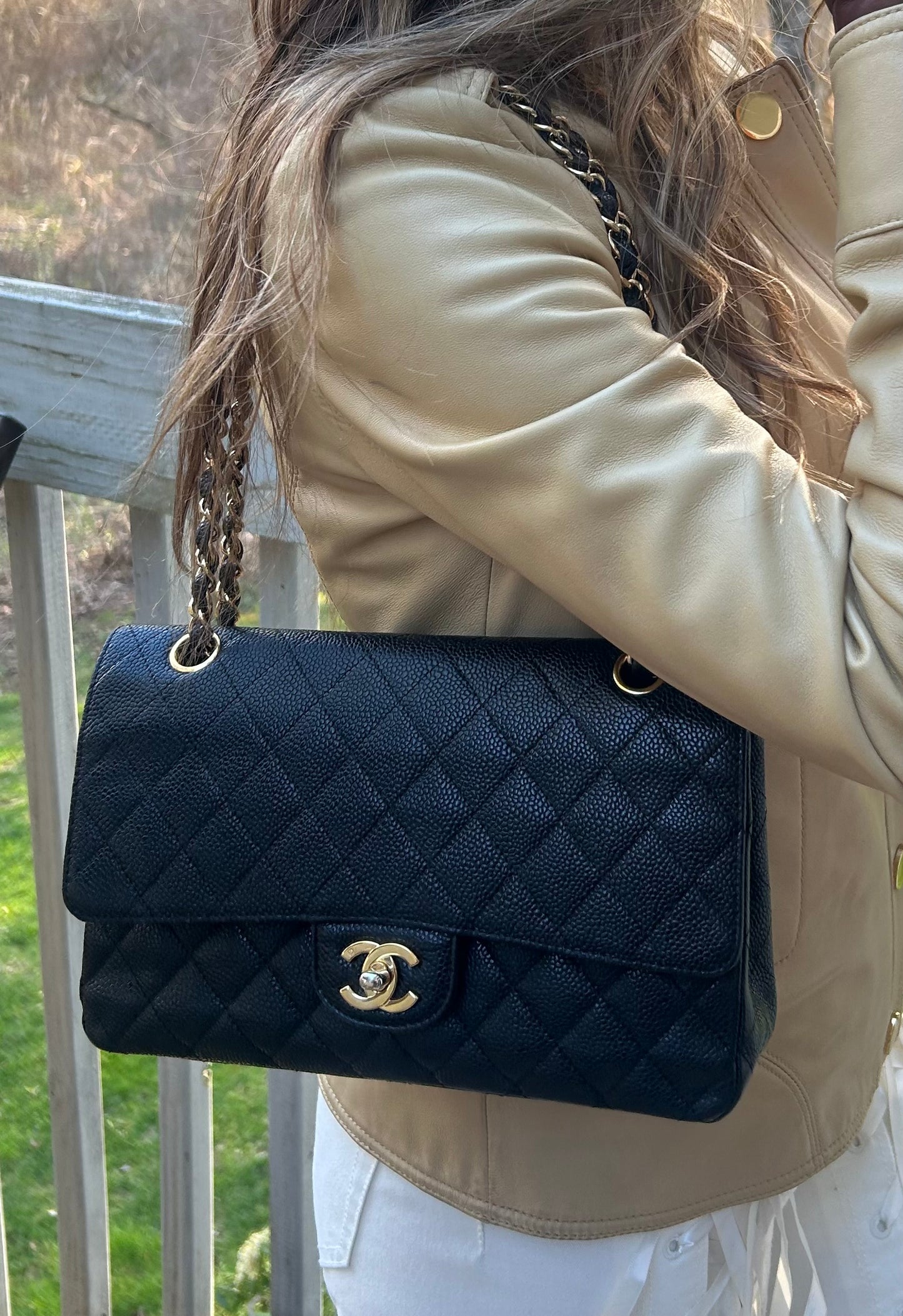 CHANEL Medium Classic Double Flap Caviar Quilted Handbag Black / 24K Gold