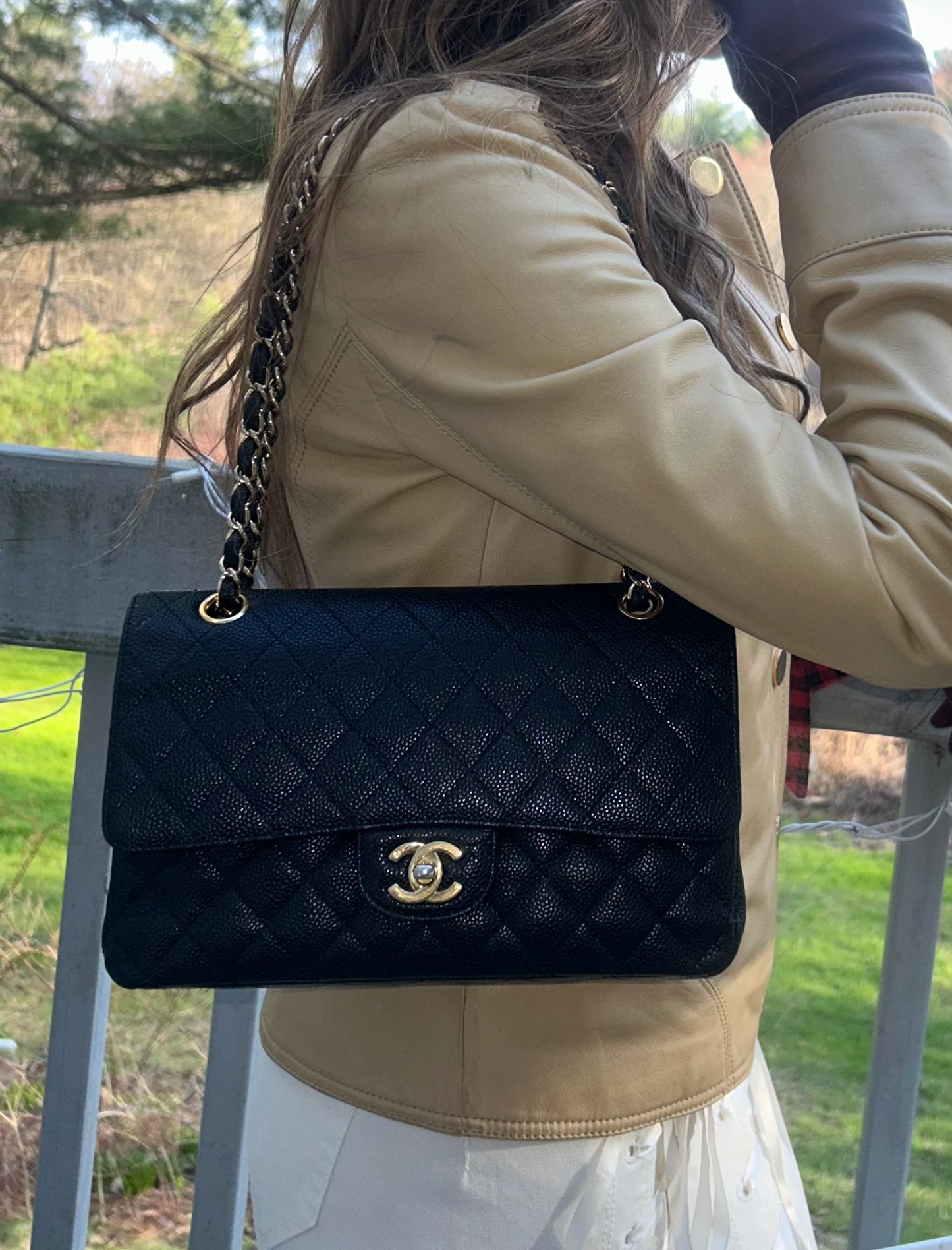 CHANEL Medium Classic Double Flap Caviar Quilted Handbag Black / 24K Gold