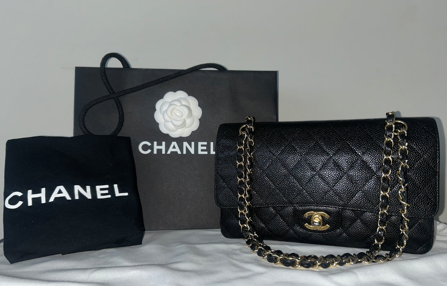 CHANEL Medium Classic Double Flap Caviar Quilted Handbag Black / 24K Gold