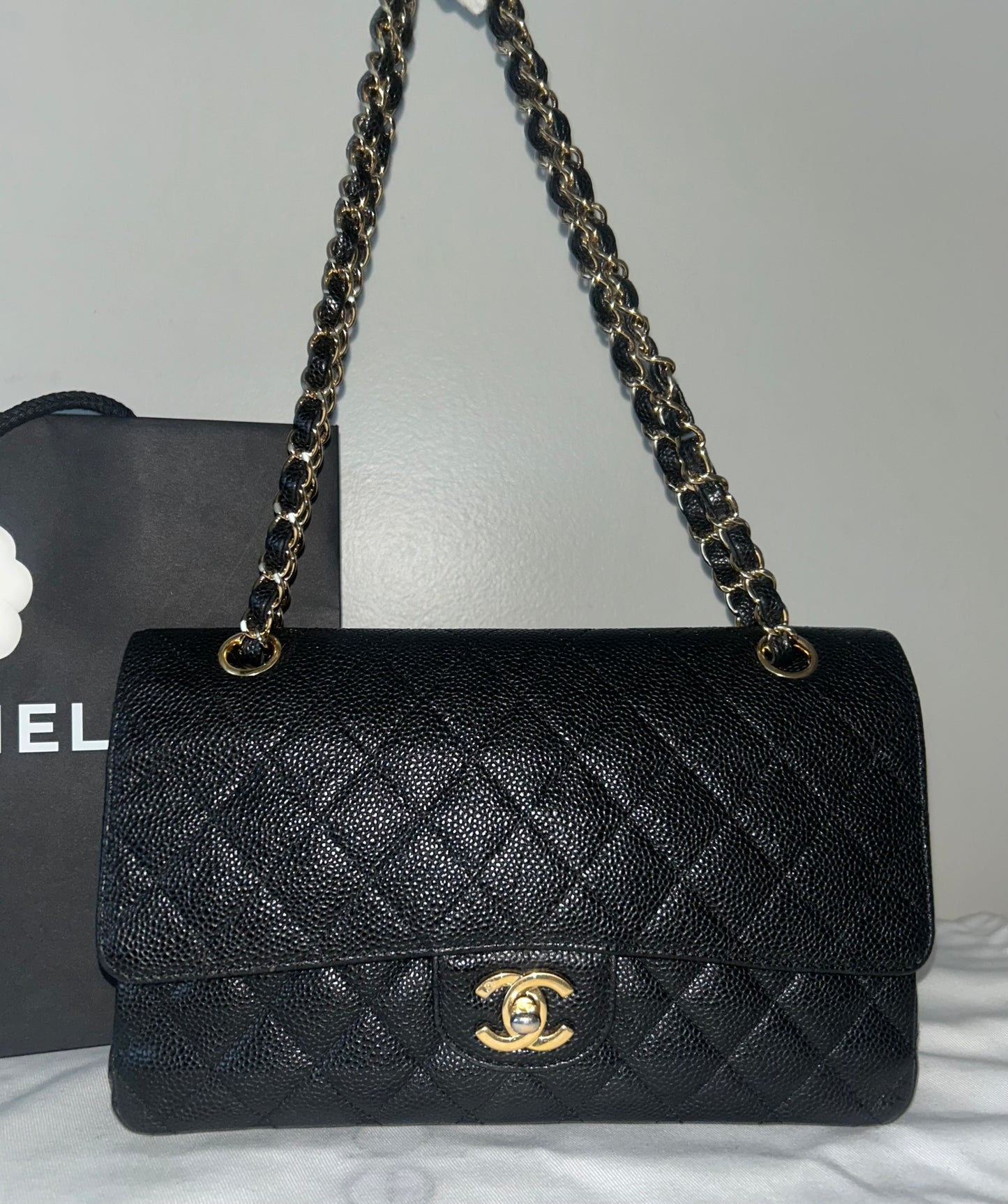 CHANEL Medium Classic Double Flap Caviar Quilted Handbag Black / 24K Gold